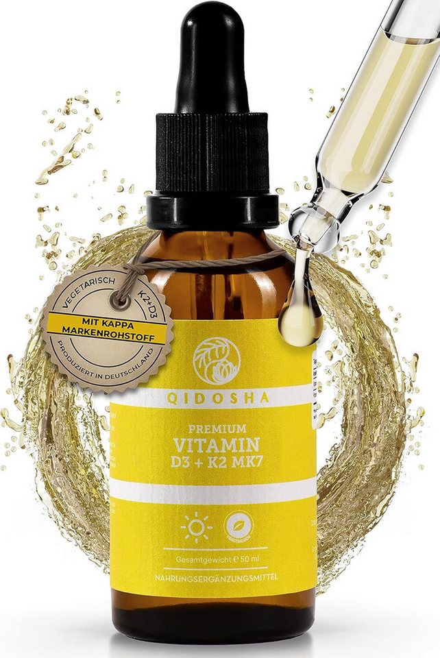 QIDOSHA Vitamin D3 1000 I.E. & K2 MK7 All-trans Tropfen, 50 ml, Mit 1000 I.E. Vitamin D3 20 mcg Vitamin K2 MK7 aus fermentiertem Natto