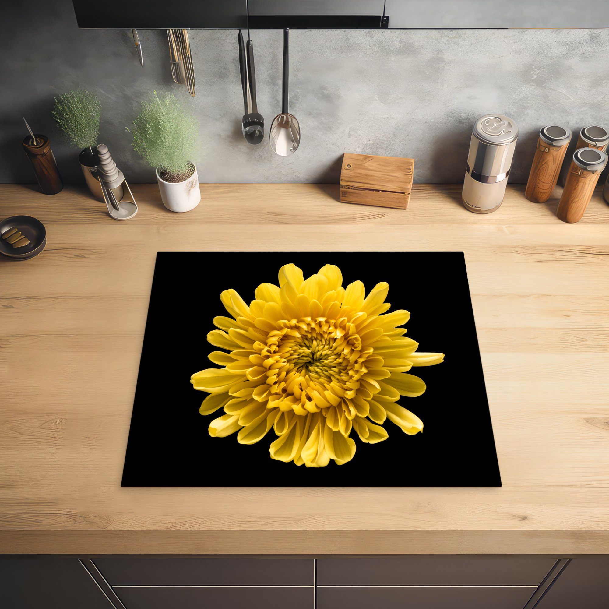 MuchoWow Vinyl, die Herdblende-/Abdeckplatte - Ceranfeldabdeckung (1 59x52 cm, - Gelb, Blume Chrysantheme für Induktionsmatte tlg), küche,
