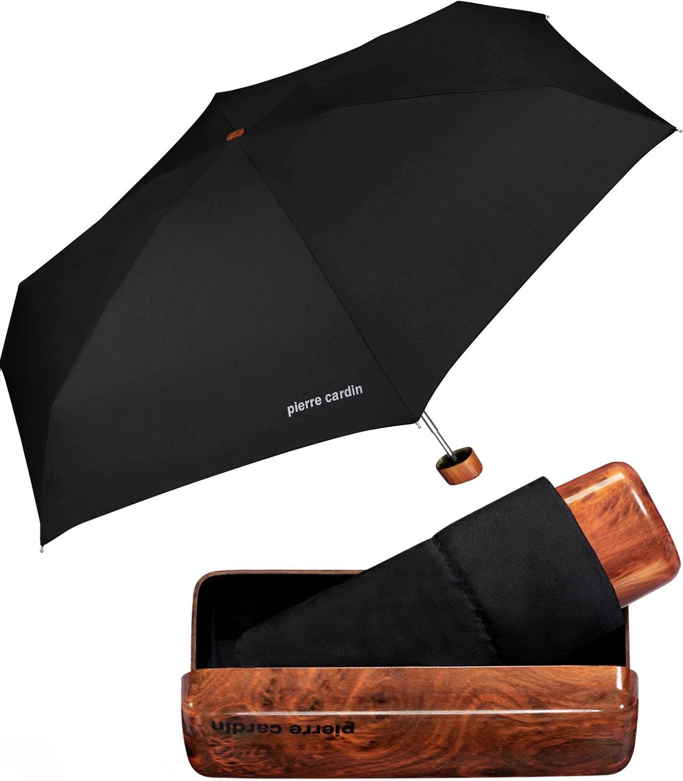 Pierre Cardin Taschenregenschirm leichter Minischirm mit Etui mybrella  Noire, mit dem Hard-Case Etui in Holzoptik besonders edel
