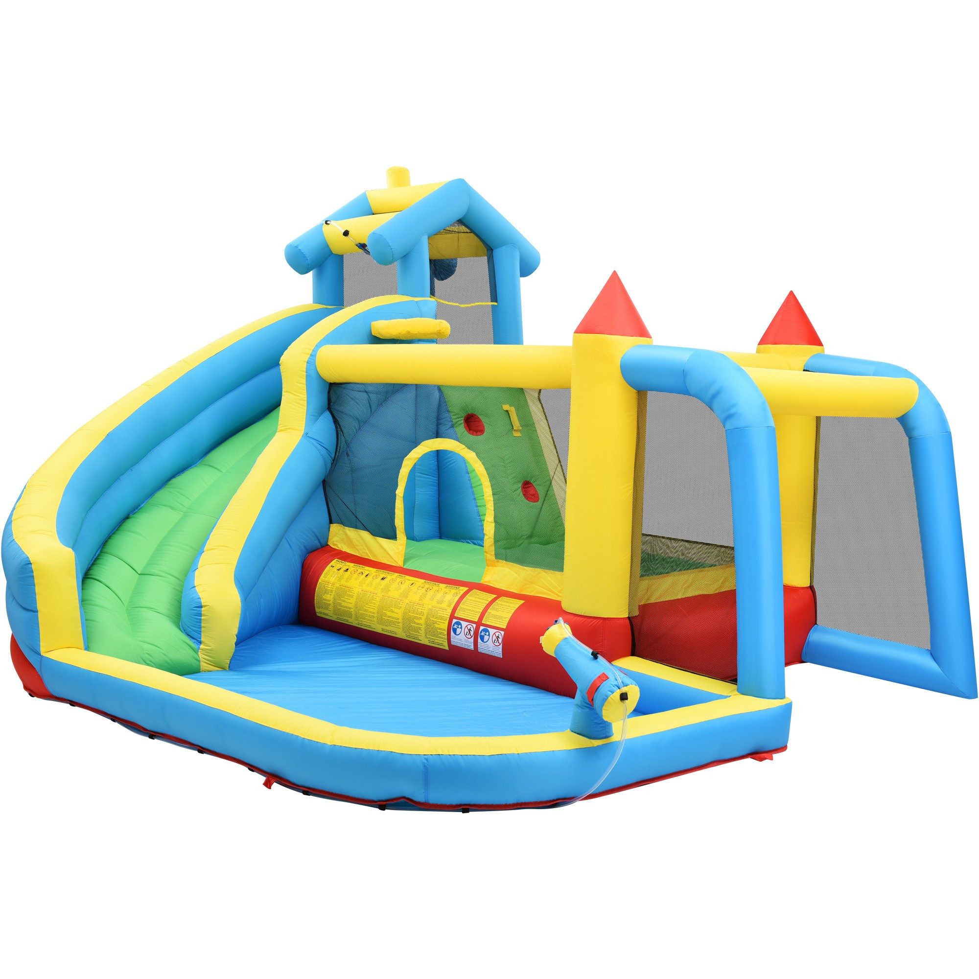 LVHOM Planschbecken Hüpfburg mit Gebläse, Kinderpool mit Rutsche, Garten, 8 in 1, (2xWasserspielbecken, Rutsche, Trampolin, Basketballkorb, Kletterwand, Basketballkorb, Wurfpunktwand, Ringwurfspiel), BUNTER SPIELSPASS FÜR DAS GANZE JAHR