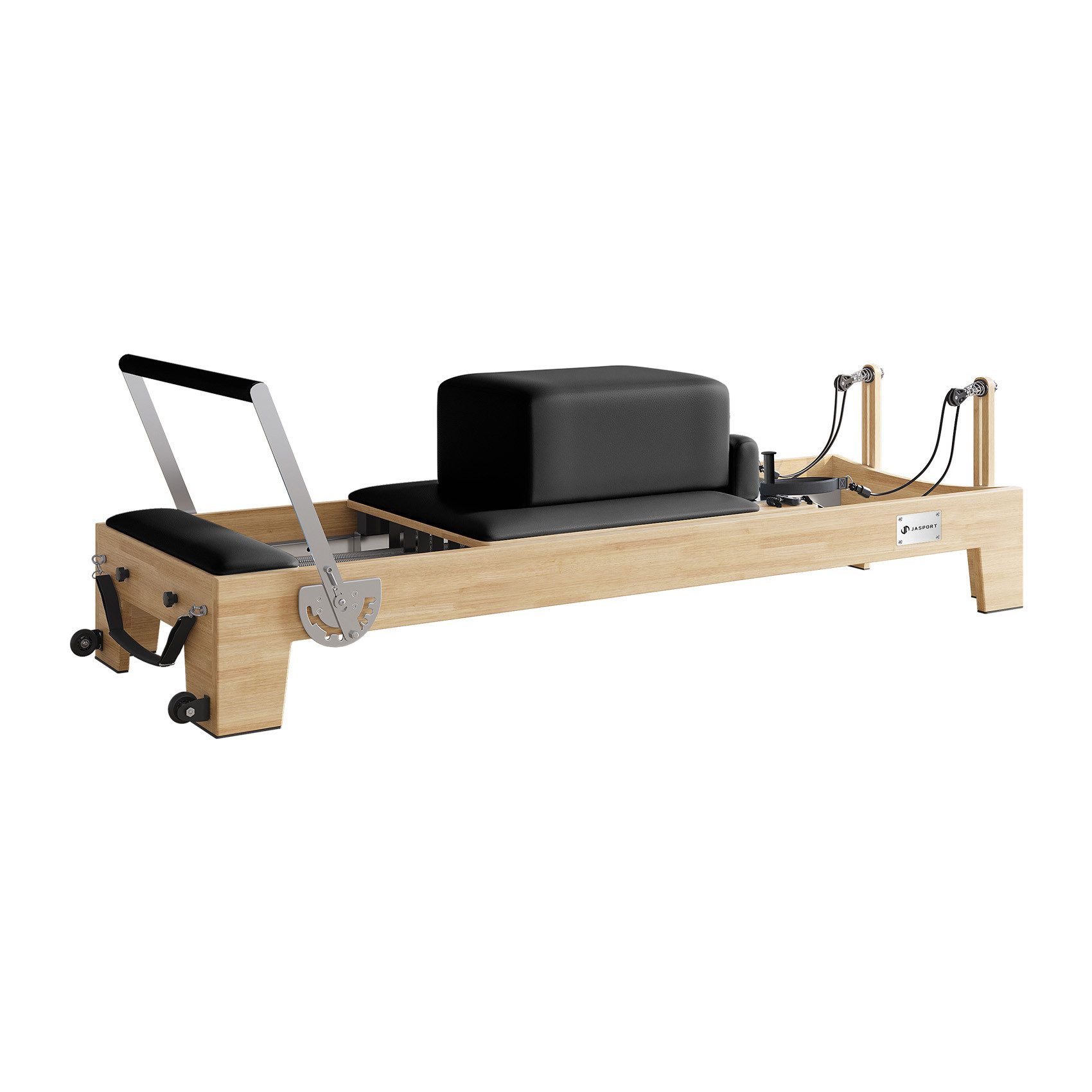 JASPORT Pilates-Reformer H60 aus Gummibaumholz, (Pilates Reformer, Sprungbrett, Reformer-Box, Fußschlaufen), Leiser Betrieb, individuell einstellbar