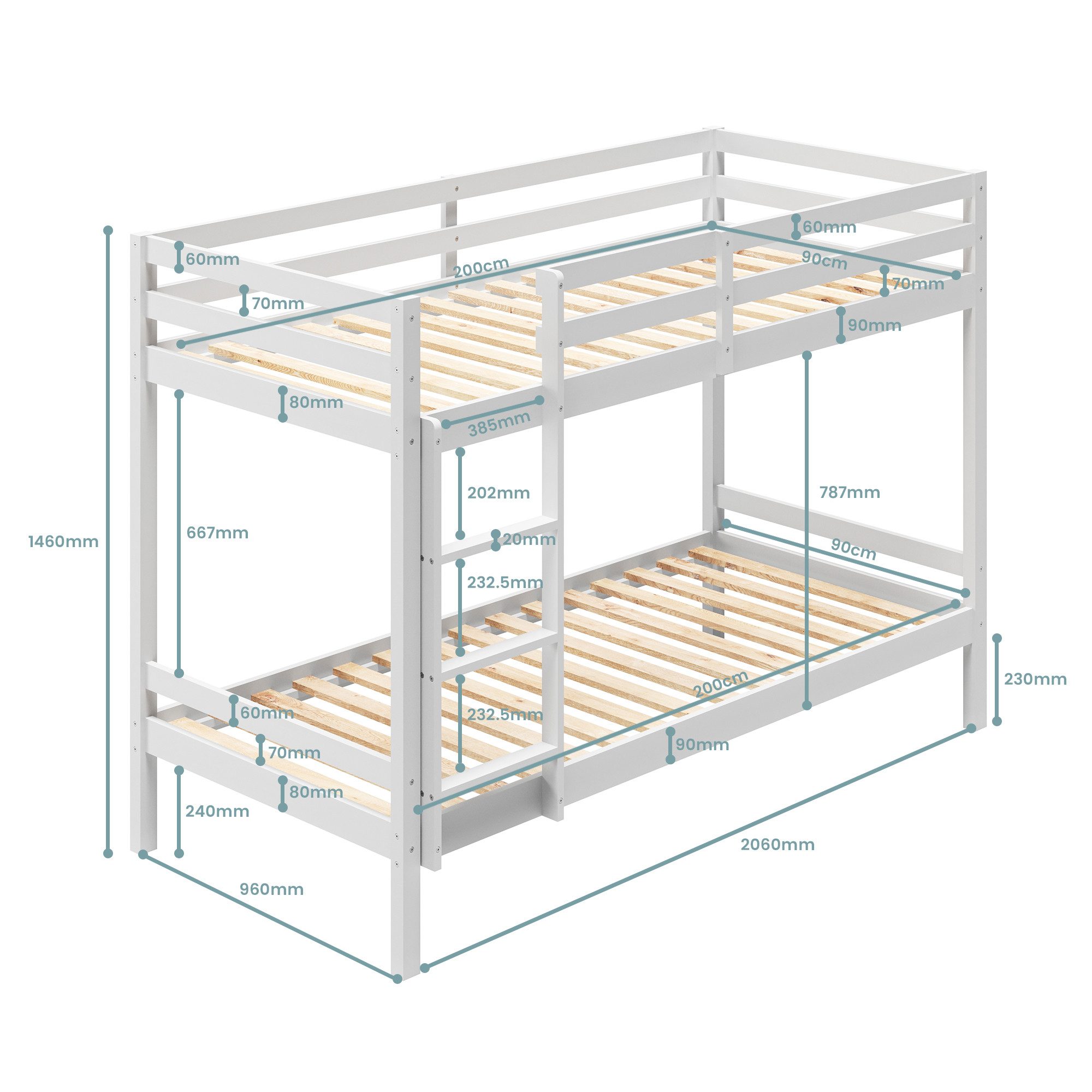 Kids Collective Loft Bed 90x200 Bunk Bed, EN 747 certified and space-saving design (with safe climbing) Bunk bed 206x96x146 cm, White