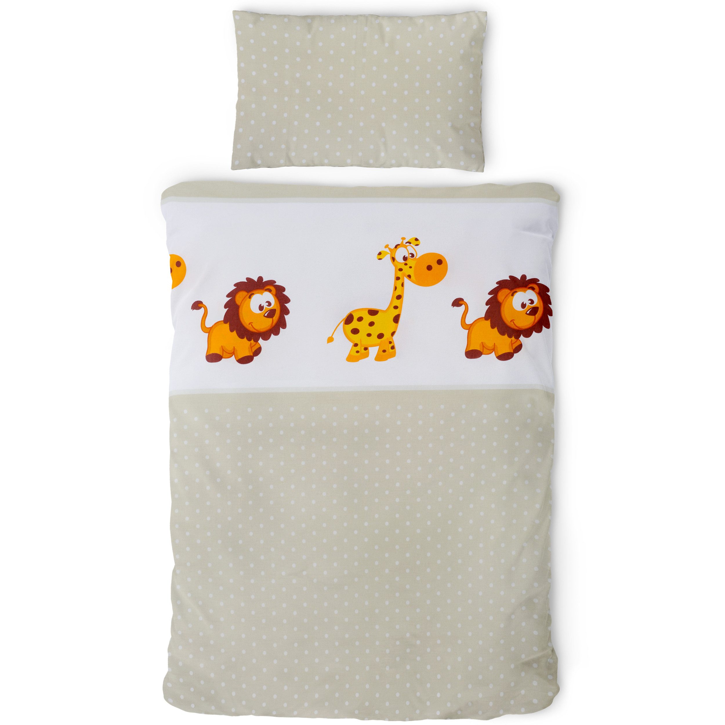Gräfenstayn Kinderbettwäsche Set mit Tiermotiv und integriertem Reißverschluss - aus 100% Baumwolle, Deckenbezug 135x100cm und Kissenbezug 60x40cm (Giraffe/Löwe)
