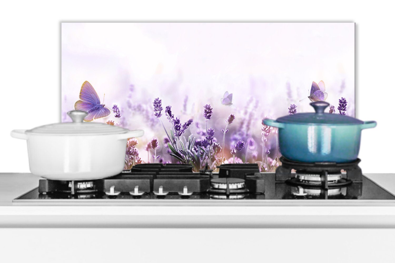 gegen Lila und Küchen - (1-tlg), - Schmetterling Fett - Blumen Schmutzflecken cm, - Natur, 60x30 für Küchenrückwand MuchoWow Lavendel Wandschutz,