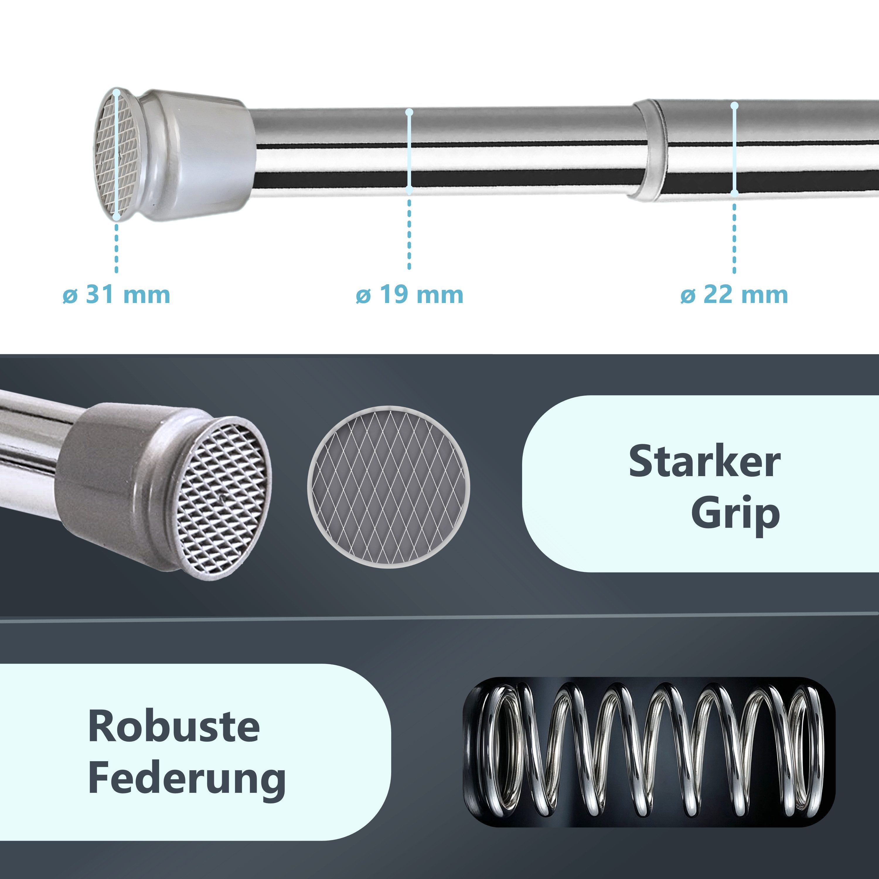 tinycurtains Klemmstange Teleskopstange 55-90 cm Türvorhangstange Duschvorhangstange Badstange, Ø 0.22 mm, 1-läufig, ausziehbar, klemmbar, geklemmt, Metall, Stange für Türvorhang ohne Bohren stufenlos verstellbar rostfrei