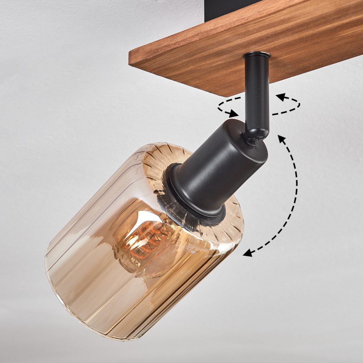 hofstein Deckenleuchte Deckenlampe aus Metall/Holz/Glas in Schwarz/Natur/Bernstein, ohne Leuchtmittel, moderne Industrial-Design Leuchte, mit Glasschirmen (8 cm – Bild 3 von 5