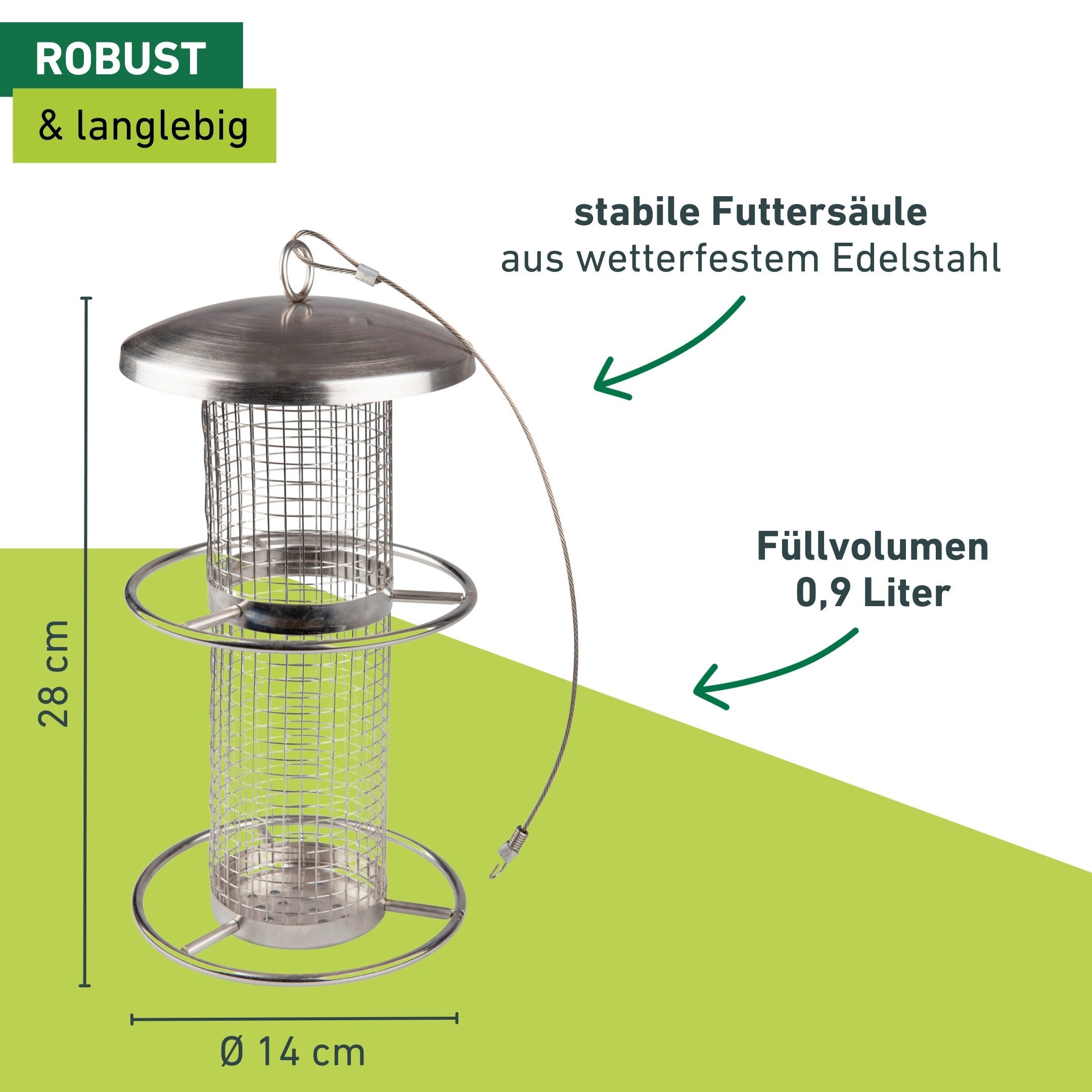 Windhager Futterhaus Pick-Up, Futterspender aus wetterfestem Edelstahl, Futterstation inkl. Aufhängung, Füllmenge ca. 0,9L, 14 x 14 x 28cm