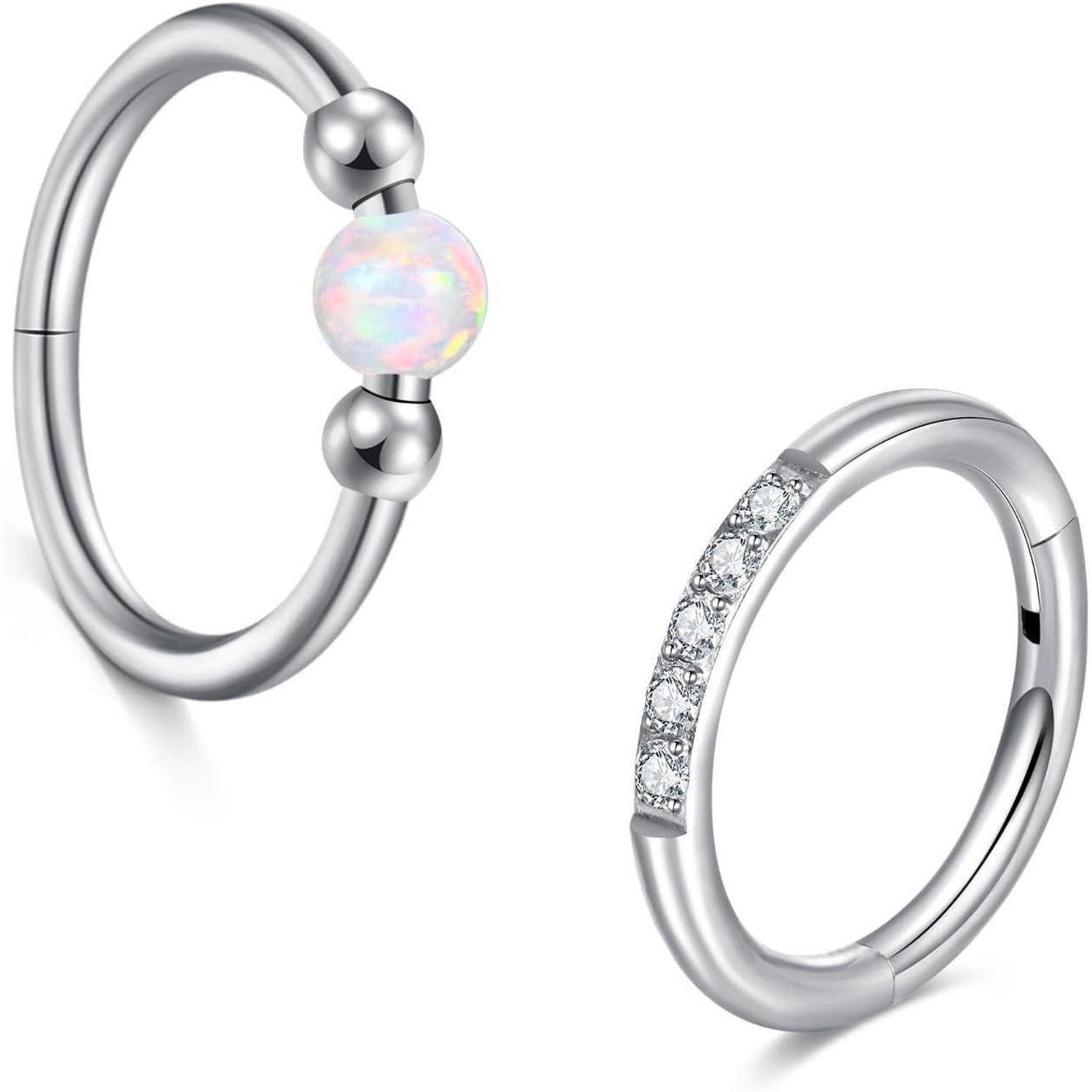 Nasenpiercing Nasenring Septum Clicker 16G Edelstahl 2Stk Klappbar Weiß Opal
