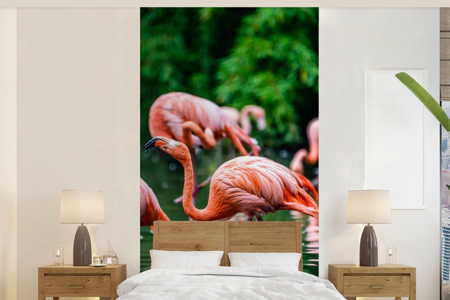 MuchoWow Fototapete Flamingo - Tropisch Vliestapete Wohnzimmer - - - St), Schlafzimmer für bedruckt, Küche, Matt, Wasser Fototapete (2 Rosa, Vogel