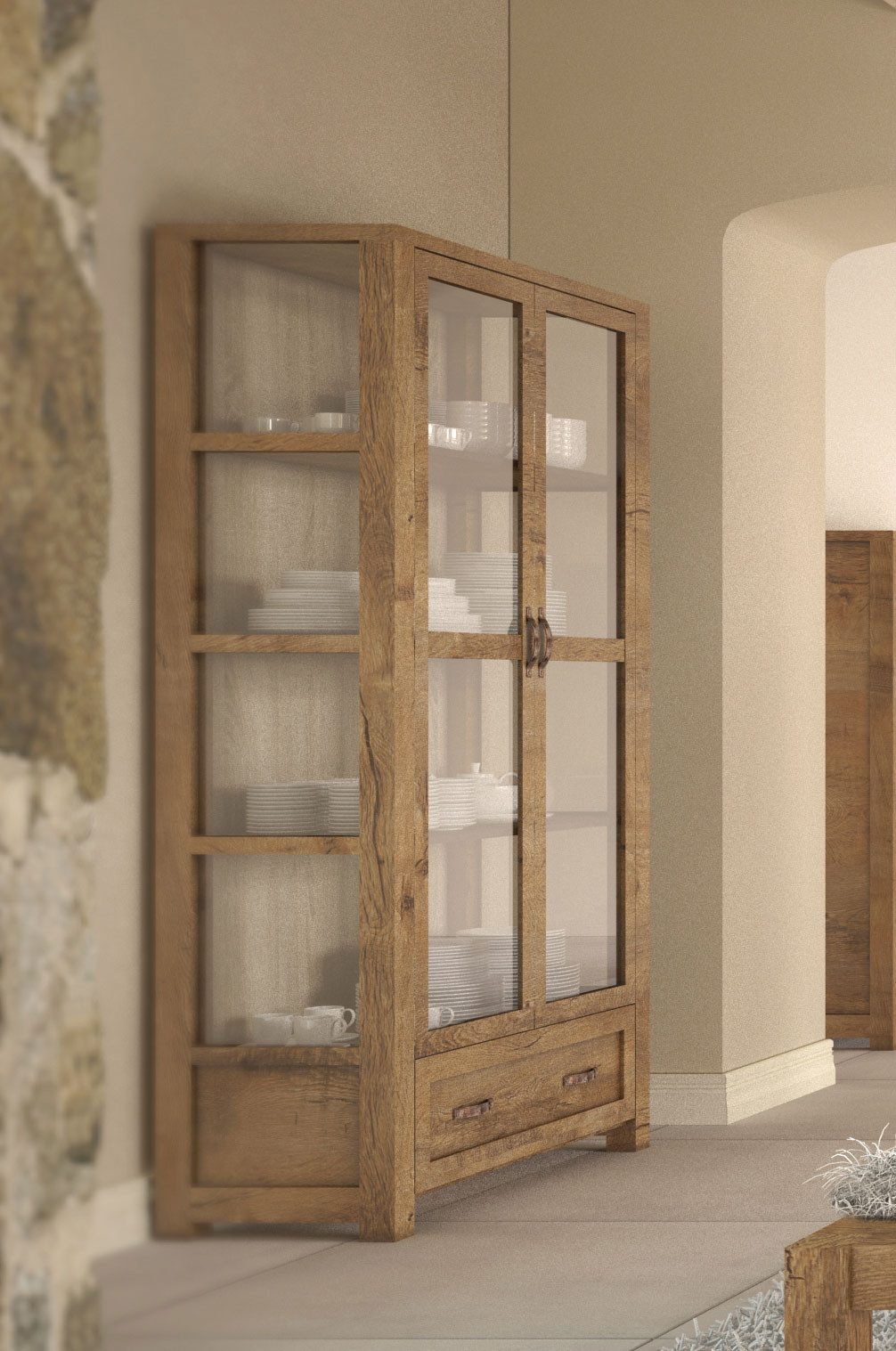 Feldmann-Wohnen Vitrine Nevada (mit Türen,mit Einlegeböden, mit Glaseinsatz, 2-St., moderne Optik, 2-türig mit Glaseinsatz) 100x44x186cm Eiche Lefkas 2-türig