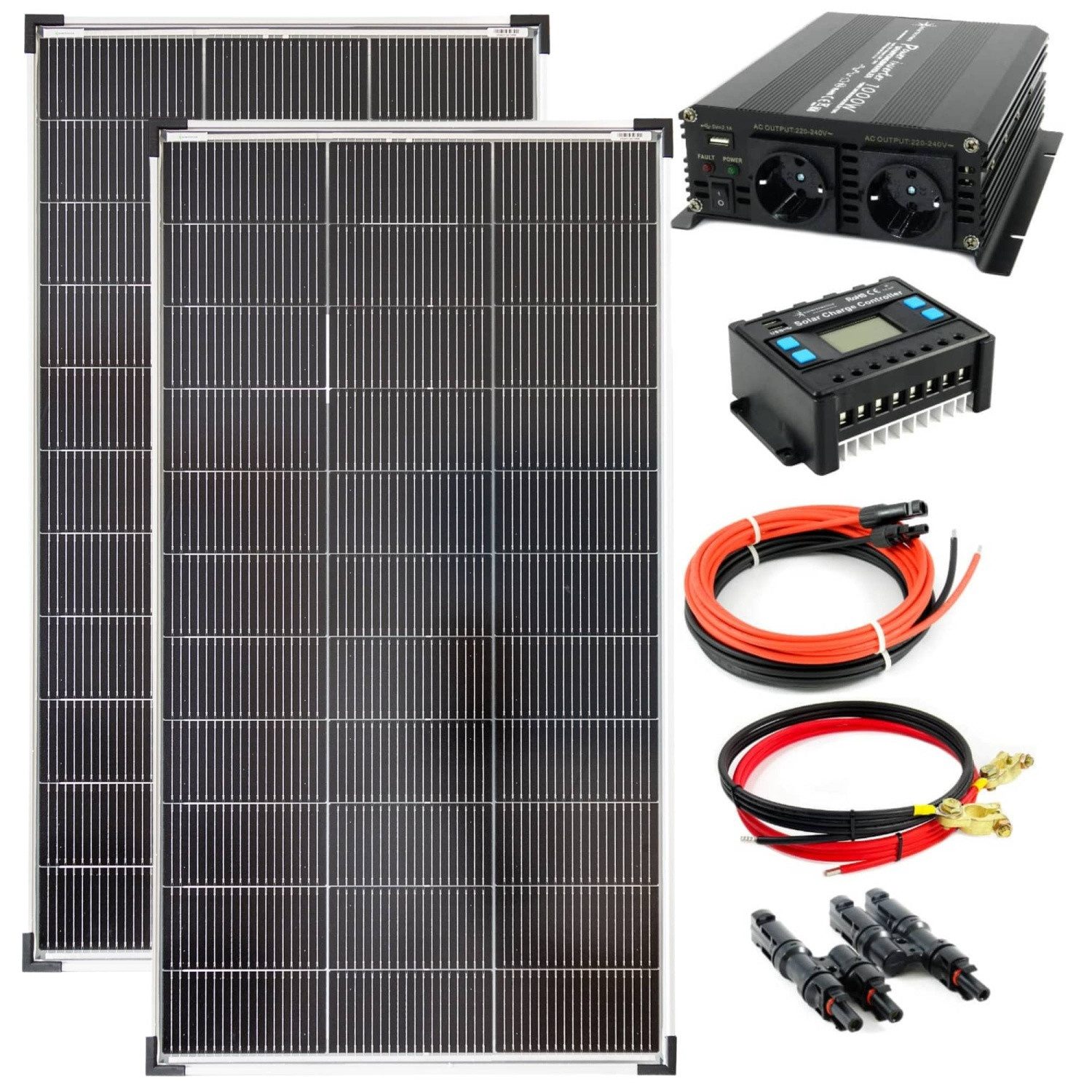 solartronics Solarmodul Set: 2x 120W Solarpanel, NM 1000W Inverter, 20A Laderegler, Zubehör, 120 W, Monokristallin