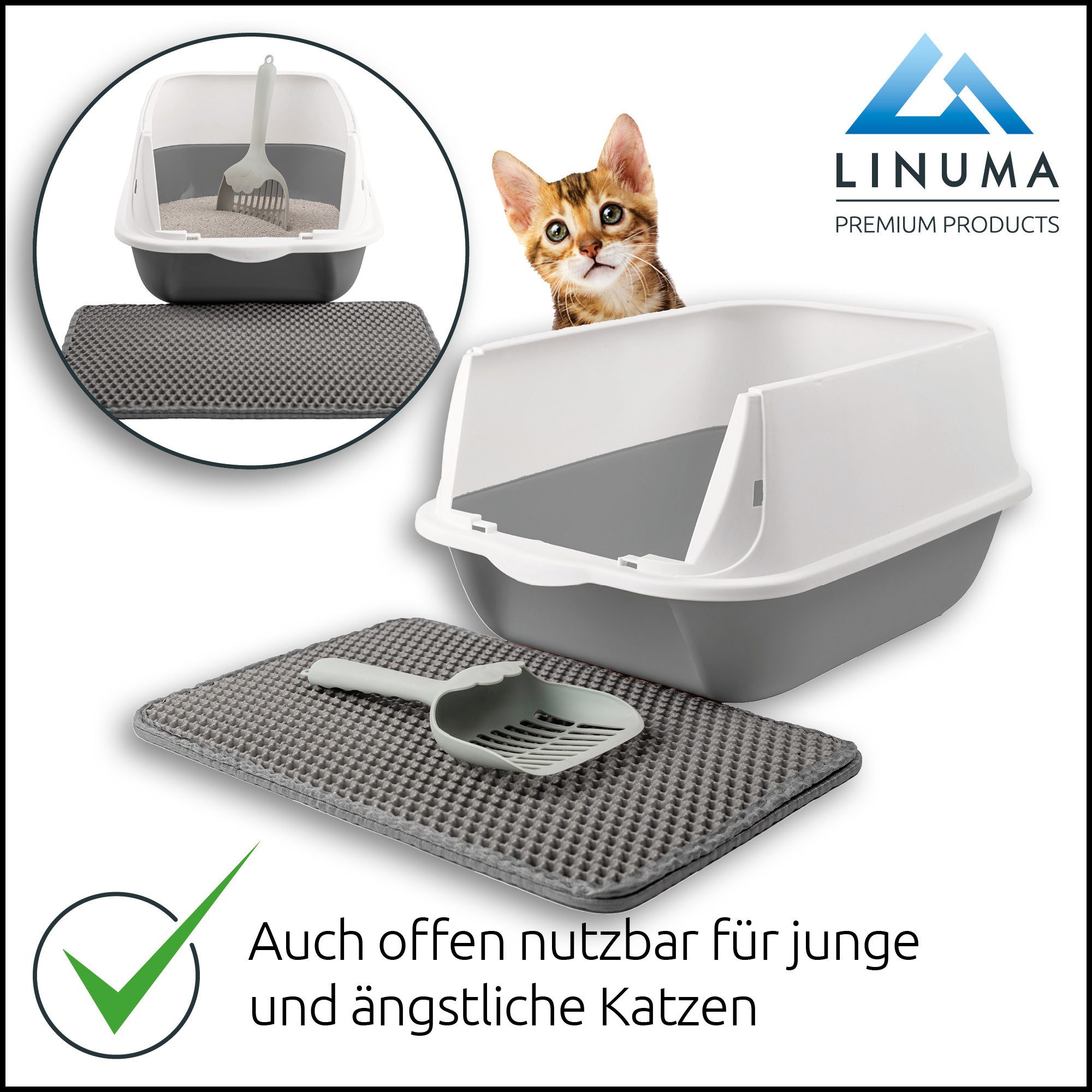 LINUMA Katzentoilette Katzenklo mit Deckel, Streumatte und Schaufel abnehmbar auch offen, Katzenklo auch offen nutzbar inkl. Katzenstreumatte und Schaufel