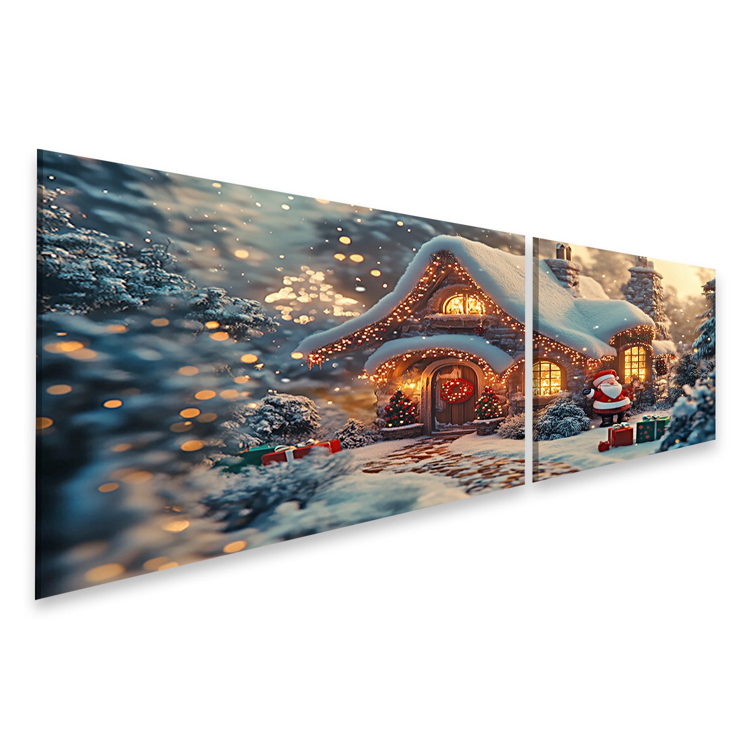 islandburner Leinwandbild Weihnachtshaus im verschneiten Wald mit Santa Claus
