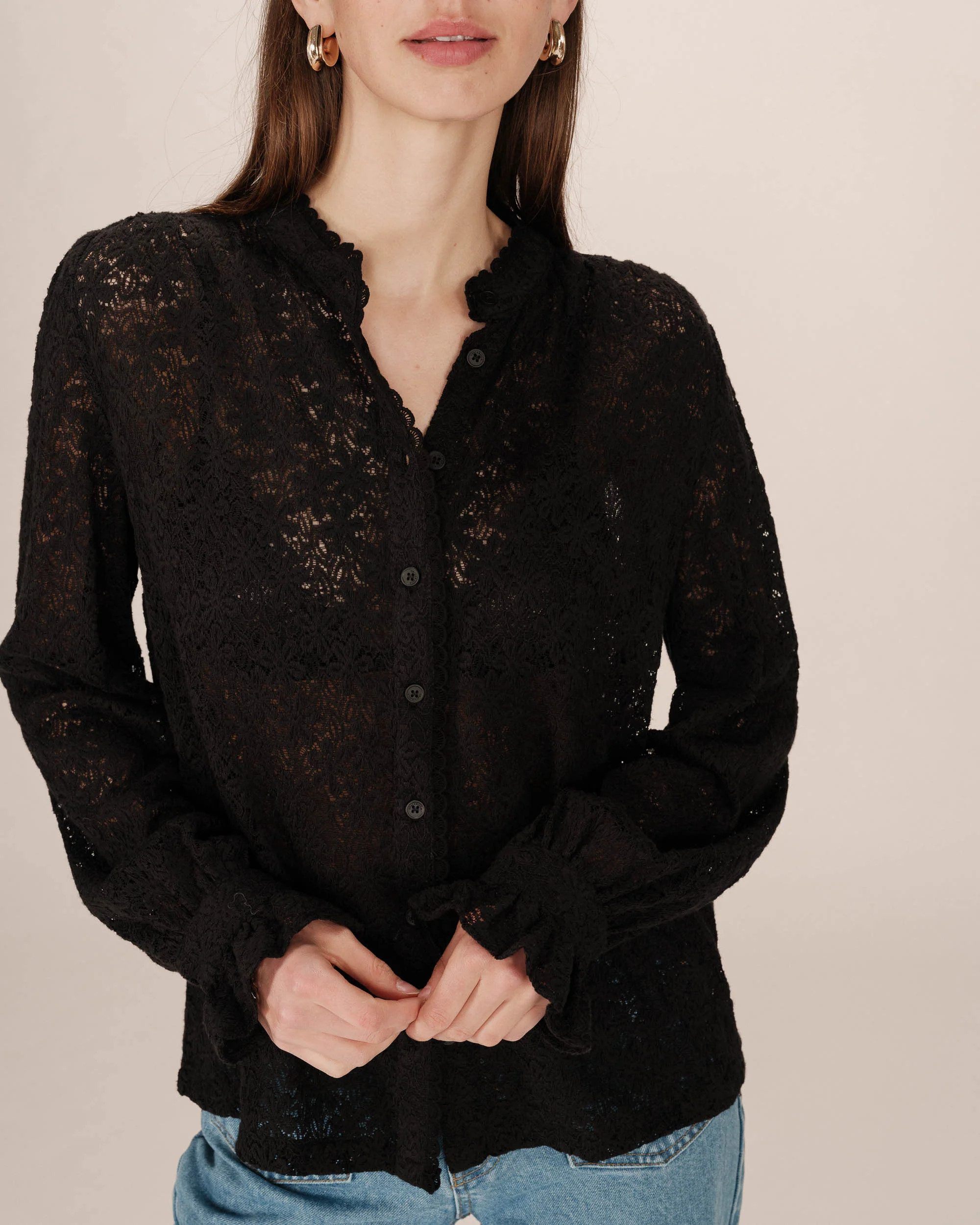 Grace & Mila Langarmbluse Lace Blouse SWING ? Damen Spitzenbluse ? elegante Bluse mit Knopfleist