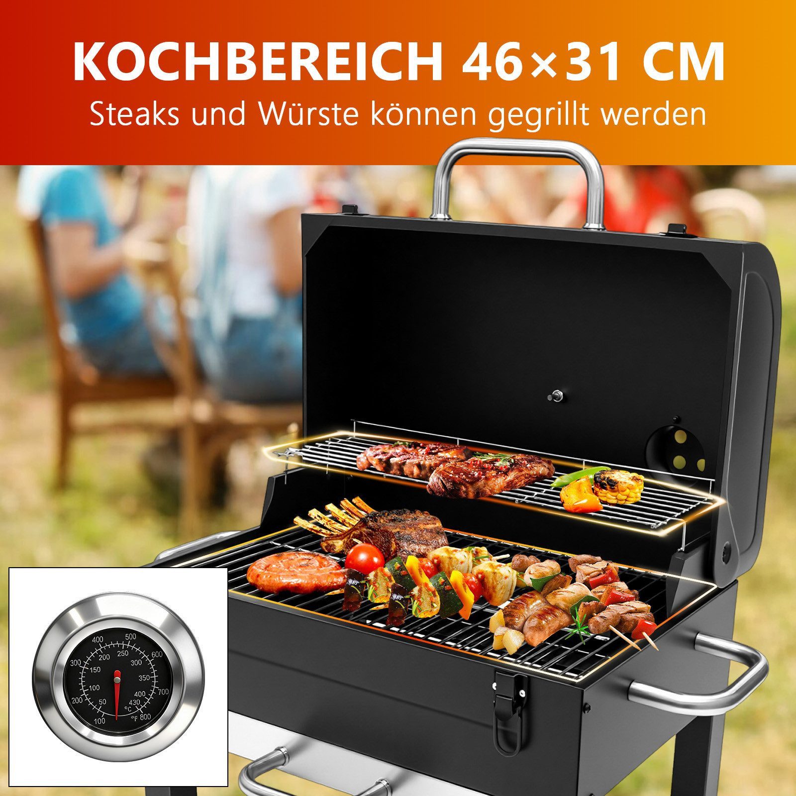 SunJas Holzkohlegrill K-SK610 Klappbarer Grill mit Thermometer und Lüftungssystem, Doppelstufiger Grillrost Grillfläche: 48 × 32 cm, Tischgrill Tragbarer Grill Campinggrill, für Outdoor-Picknick-Camping