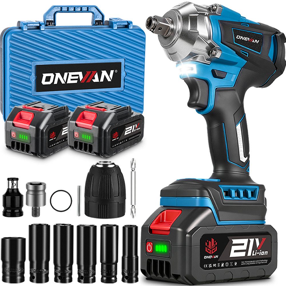 ONEVAN Akku-Schlagschrauber 1/2 Zoll Bürstenloser Motor, 1200Nm Drehschlagschrauber, 2 in 1 Elektro-Schlagschrauber mit 2 Akku
