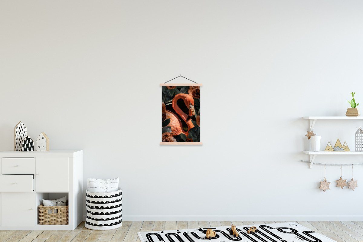 MuchoWow Poster Flamingo - Rosa - Blätter, (1 St), Posterleiste, Textilposter für Wohnzimmer, Bilderleiste, Magnetisch