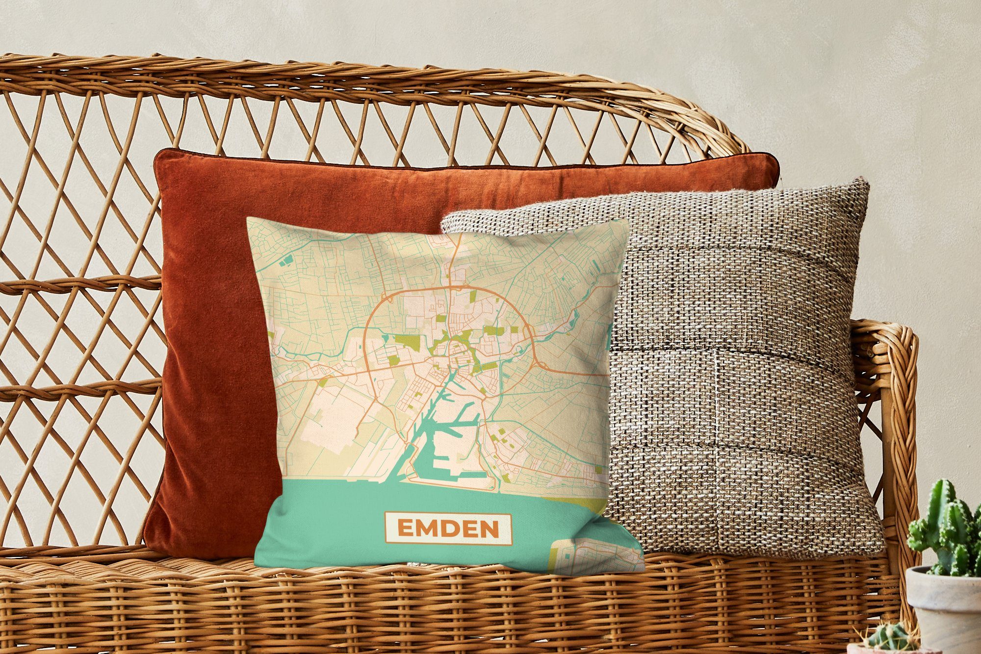 - Emden Dekokissen Vintage, - Karte MuchoWow Deko, Stadtplan - Füllung Zierkissen Sofakissen - Karte für Wohzimmer, mit Schlafzimmer,
