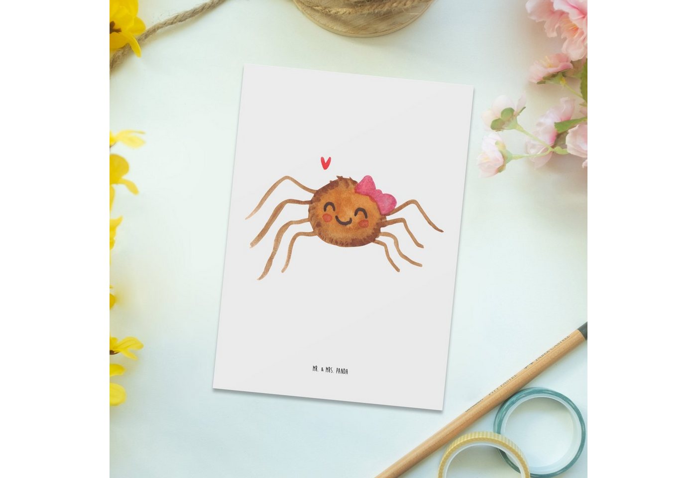 Thumbnail - Mr. & Mrs. Panda Postkarte Spinne Agathe Freude - Weiß - Geschenk, Karte, Ansichtskarten, Einlad, Glänzende Vorderseite
