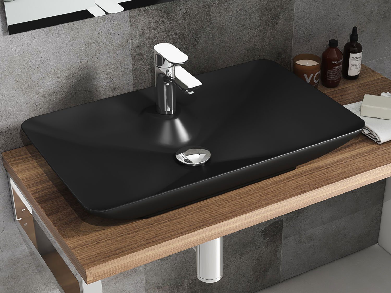 Thumbnail - Aqua Bagno Aufsatzwaschbecken 64 cm schwarz matt Waschschale Keramik Aufsatzwaschtisch