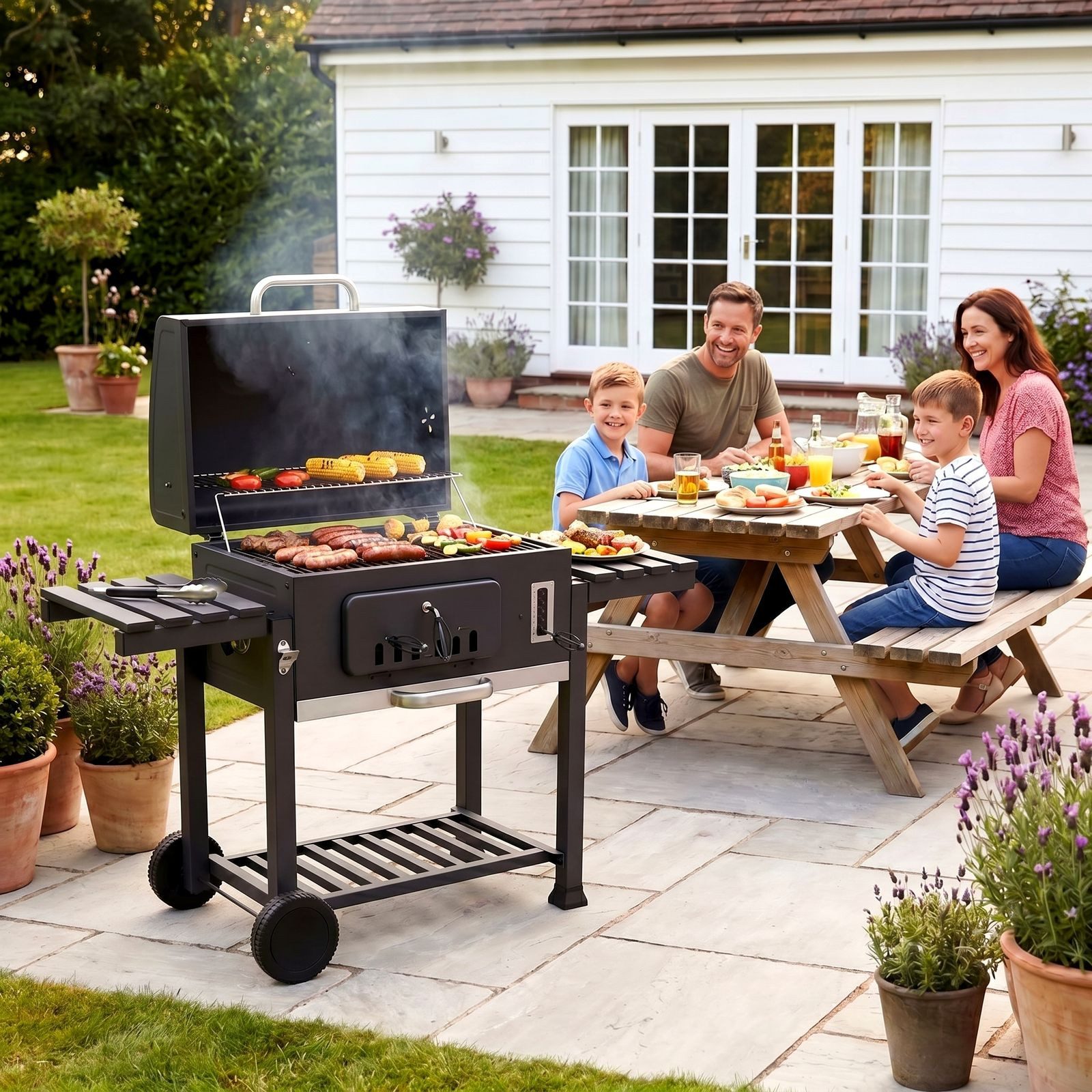 TLGREEN Holzkohlegrill Standgrill 152x136x60 cm, BBQ Grillwagen Holzkohle, Kohlegrill Groß mit Deckel, Rädern, Thermometer und Schornstein, Grillwagen xxl, BBQ Grill mit Deckel & Rädern, Smoker für Camping
