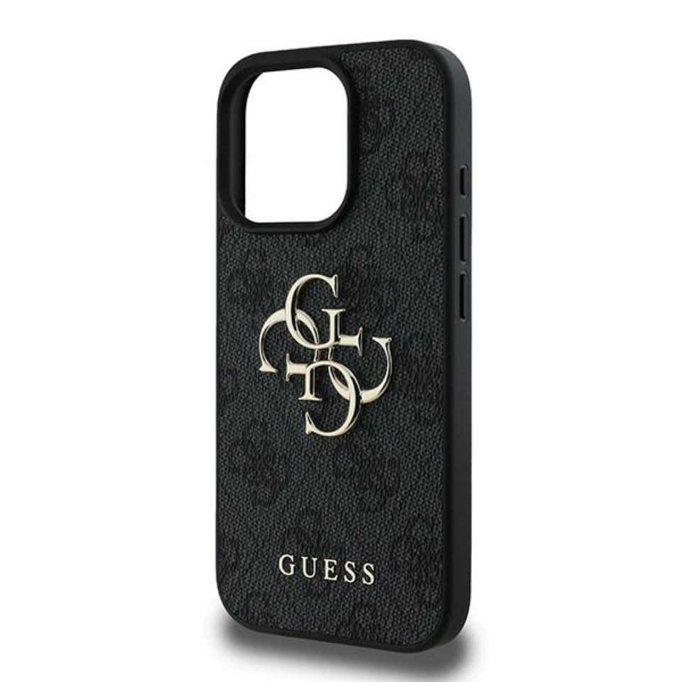 Guess Handyhülle iPhone 16 Pro grau Big Logo goldfarben Metall 6,3 Zoll, Kantenschutz