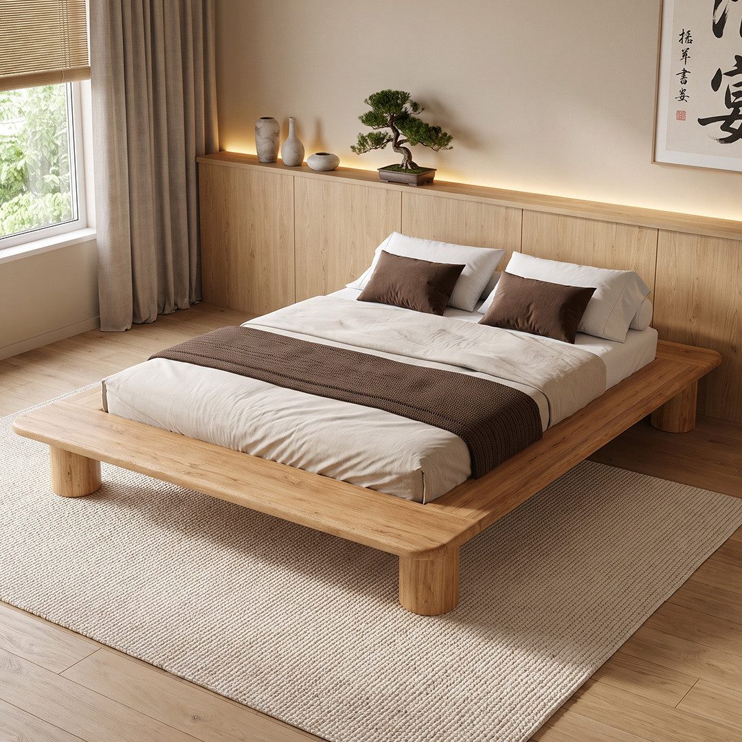 skølm Futonbett Vestri aus massiver Eiche (natur, 140x200 cm), Massivholzbett geölt & lackiert, niedriges Doppelbett mit 25 cm Höhe