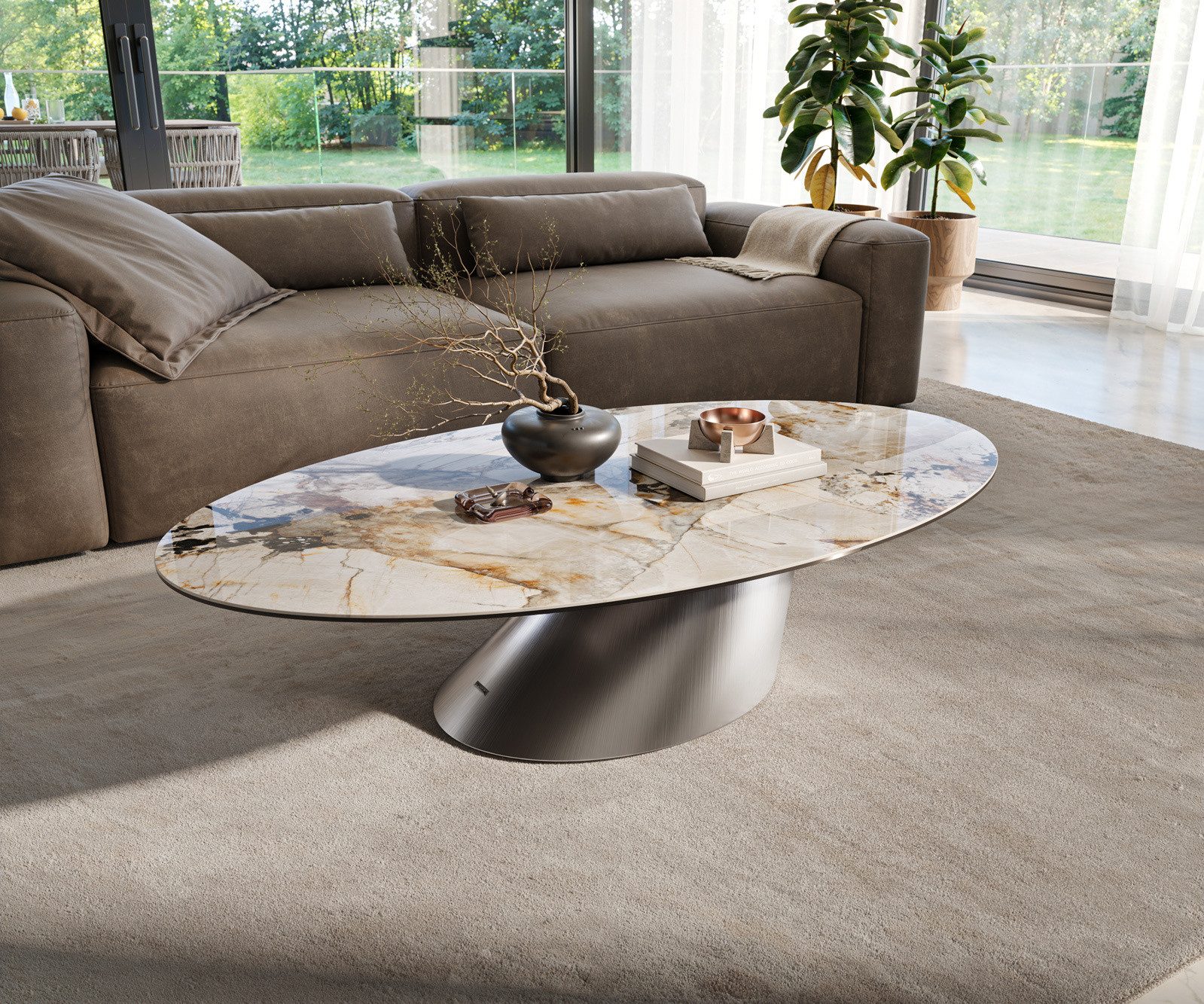 DELIFE Couchtisch Edge, Oval 140x75 cm Keramik Minas Melange Sarity Metall Effektfinish Titan