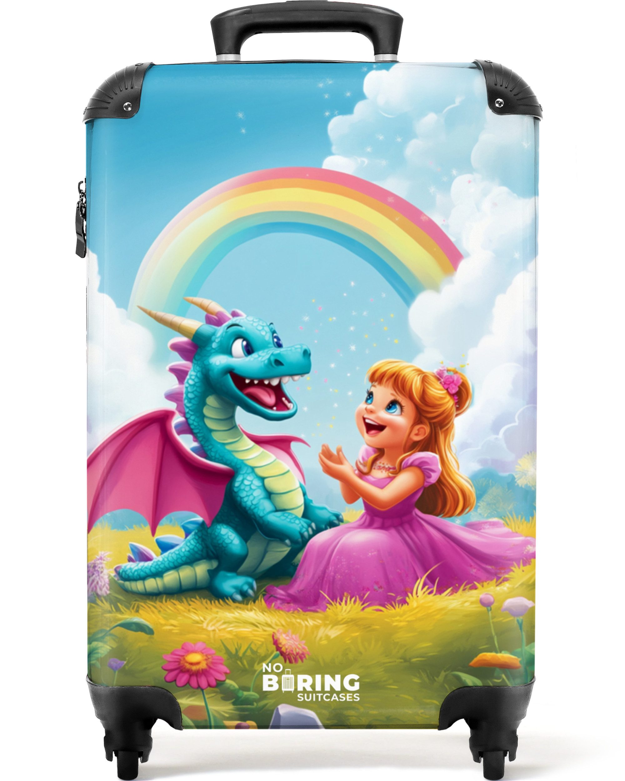 NoBoringSuitcases.com© Kinderkoffer Prinzessin und Dino in einer bunten Welt 55x35x20cm, 4 Rollen, Handgepäck-Koffer, Kinderkoffer, Reisekoffer Mädchen