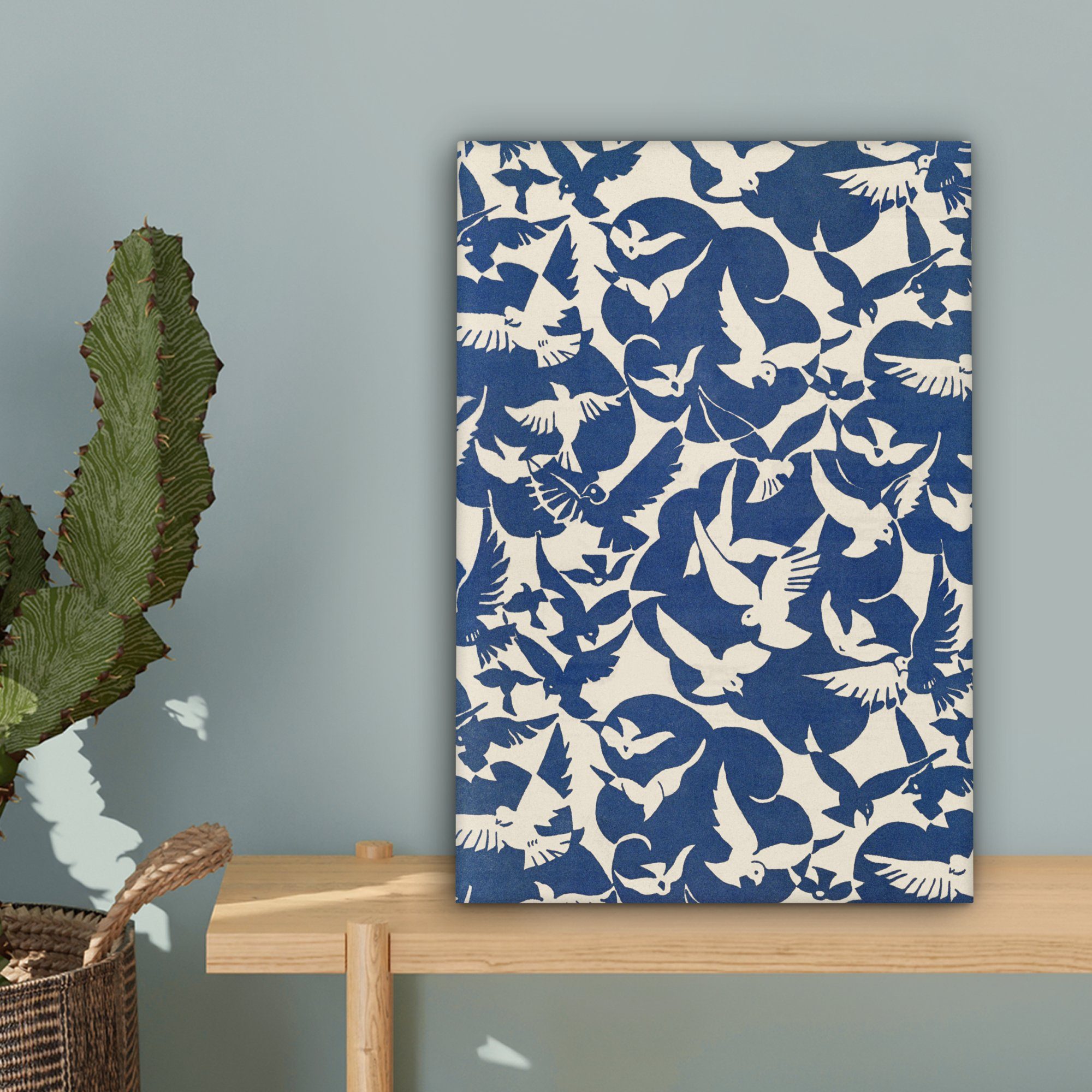 Weiß, bespannt Blau Muster St), Vögel Leinwandbild 20x30 Gemälde (1 - Zackenaufhänger, fertig cm - inkl. - OneMillionCanvasses® Gemälde,