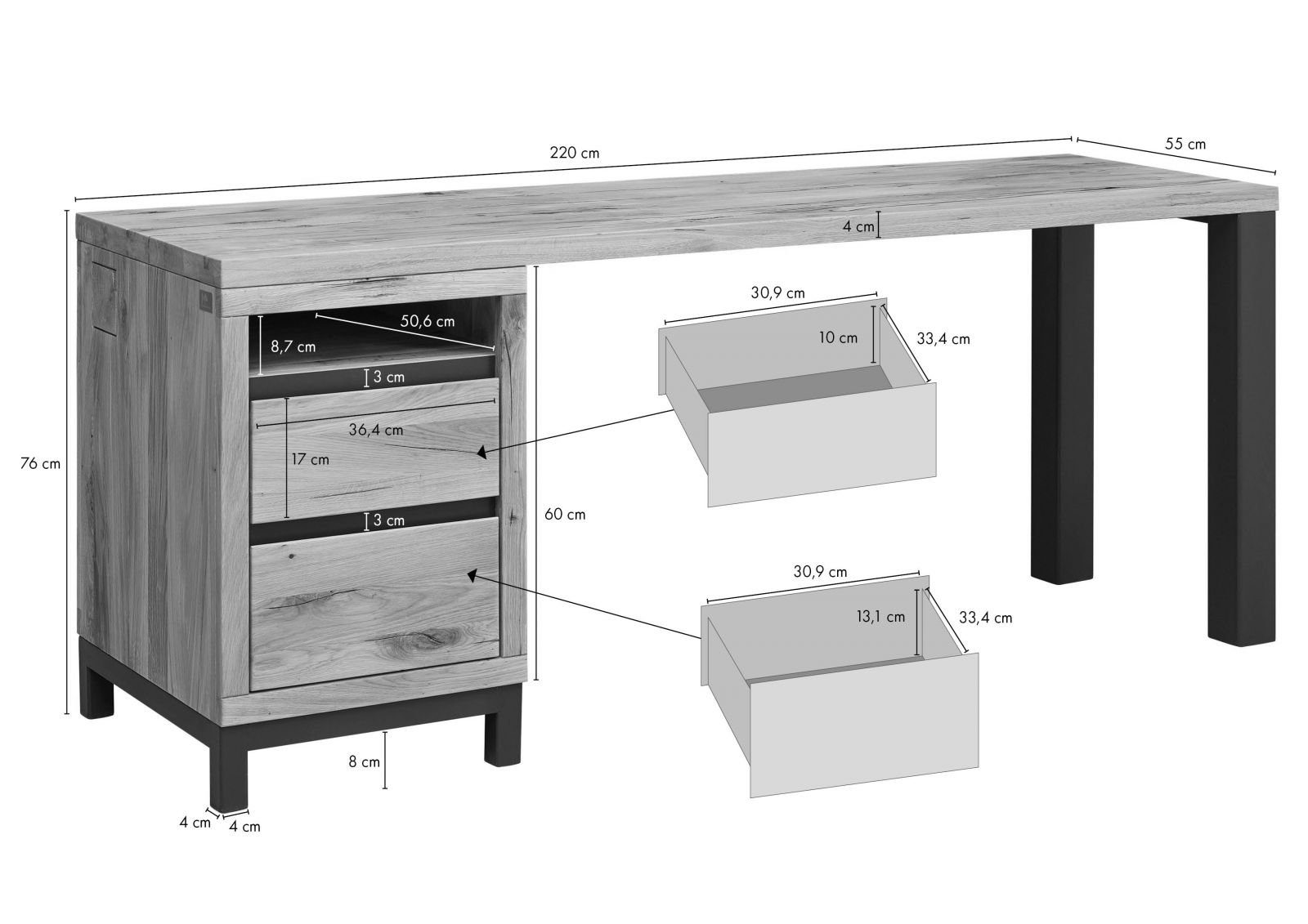 Massivmoebel24 Schreibtisch VILLANDERS (Massivholz, Massivholztisch), Schreibtisch Wildeiche 220x55x76 natur geölt VILLANDERS #142