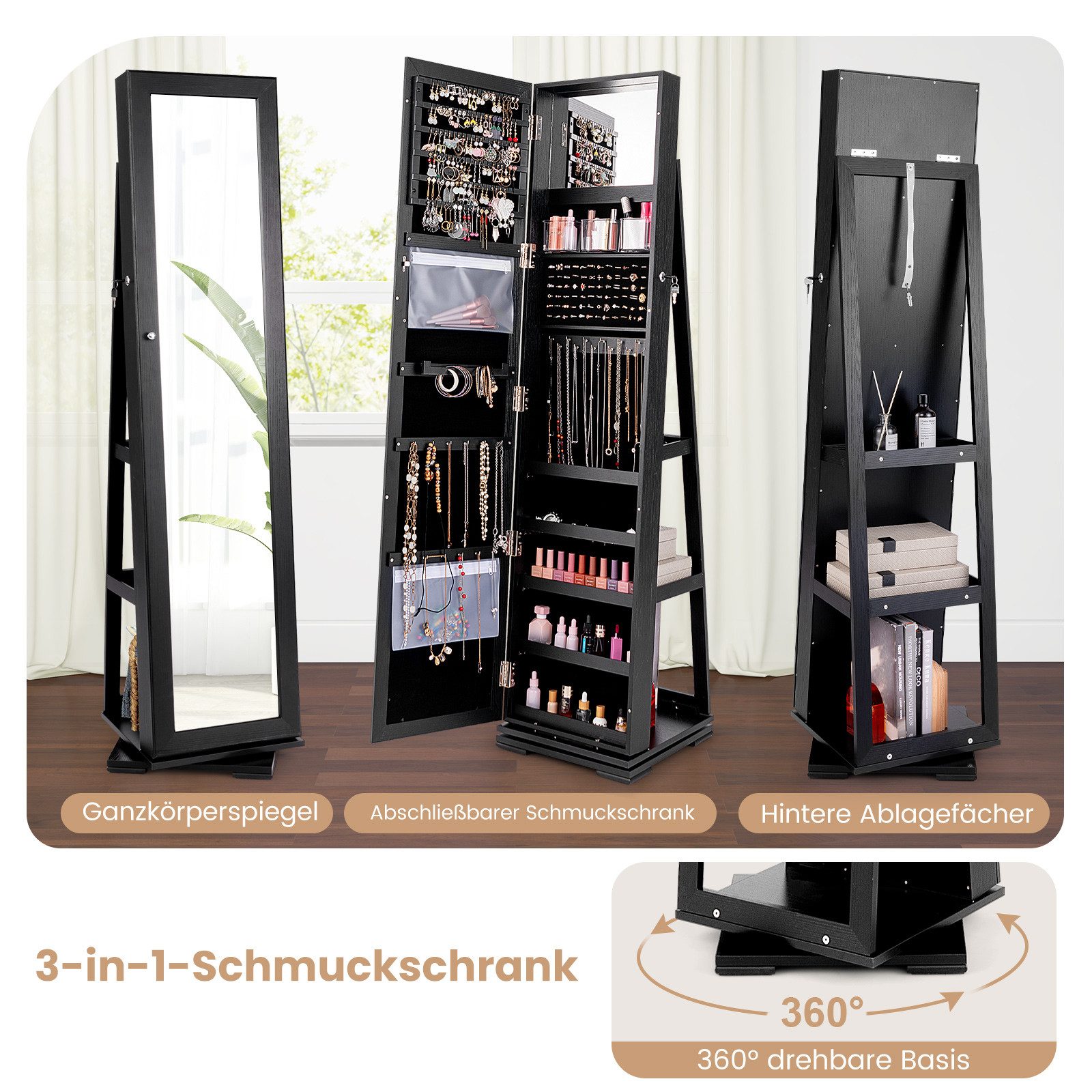COSTWAY Schmuckschrank stehend, mit Spiegel & Regal, drehbar, abschließbar