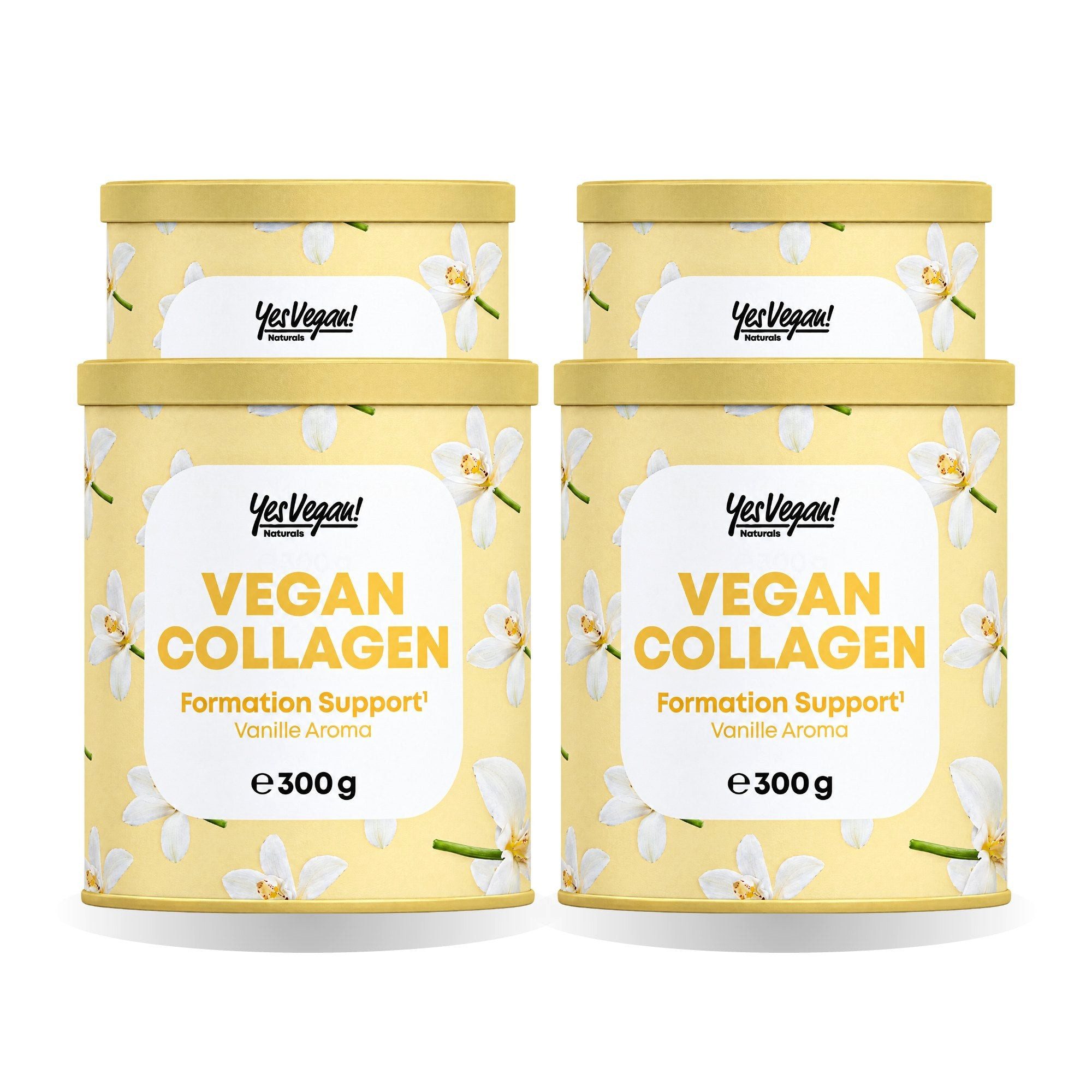 Yes Vegan Vegan Collagen Vanille, Hyaluron, Biotin, Vitamin C Pulver, 4 er Spar-Set à 300 g, vegan, laktosefrei, glutenfrei