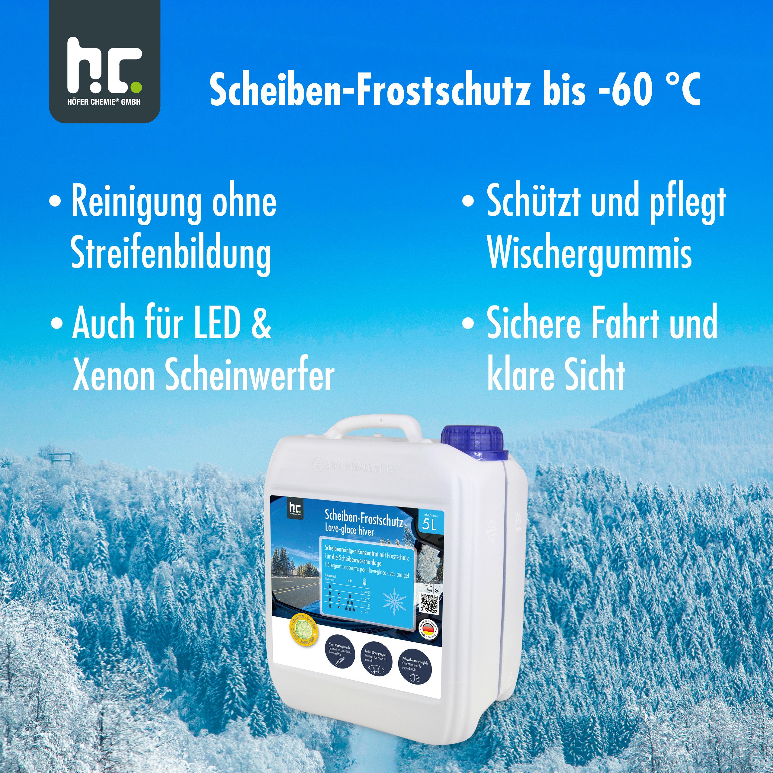 Höfer Chemie GmbH 4x 5 L Premium Scheiben Frostschutz -60 Grad Konzentrat Scheibenreiniger (Hochwirksamer Schutz vor Eis und Frost)
