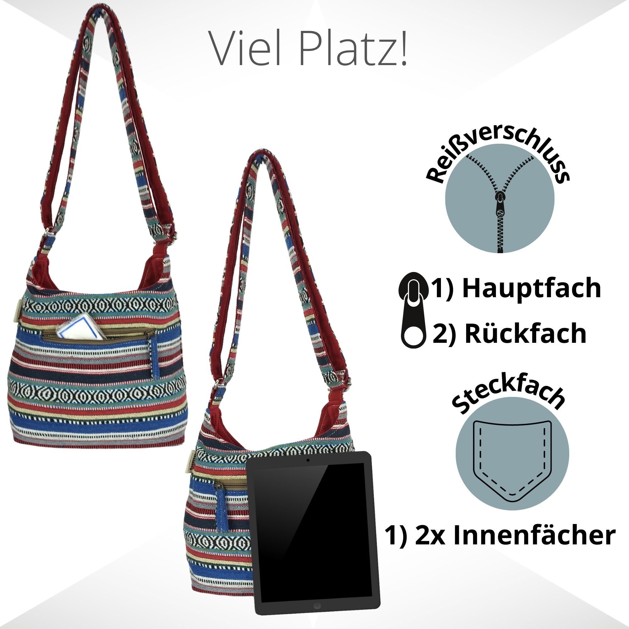 Hobo Tasche, Hobo Crossover, nachhaltige blau/ Crossbody rot Striefen Leicht Umhängetasche Sunsa Vegane