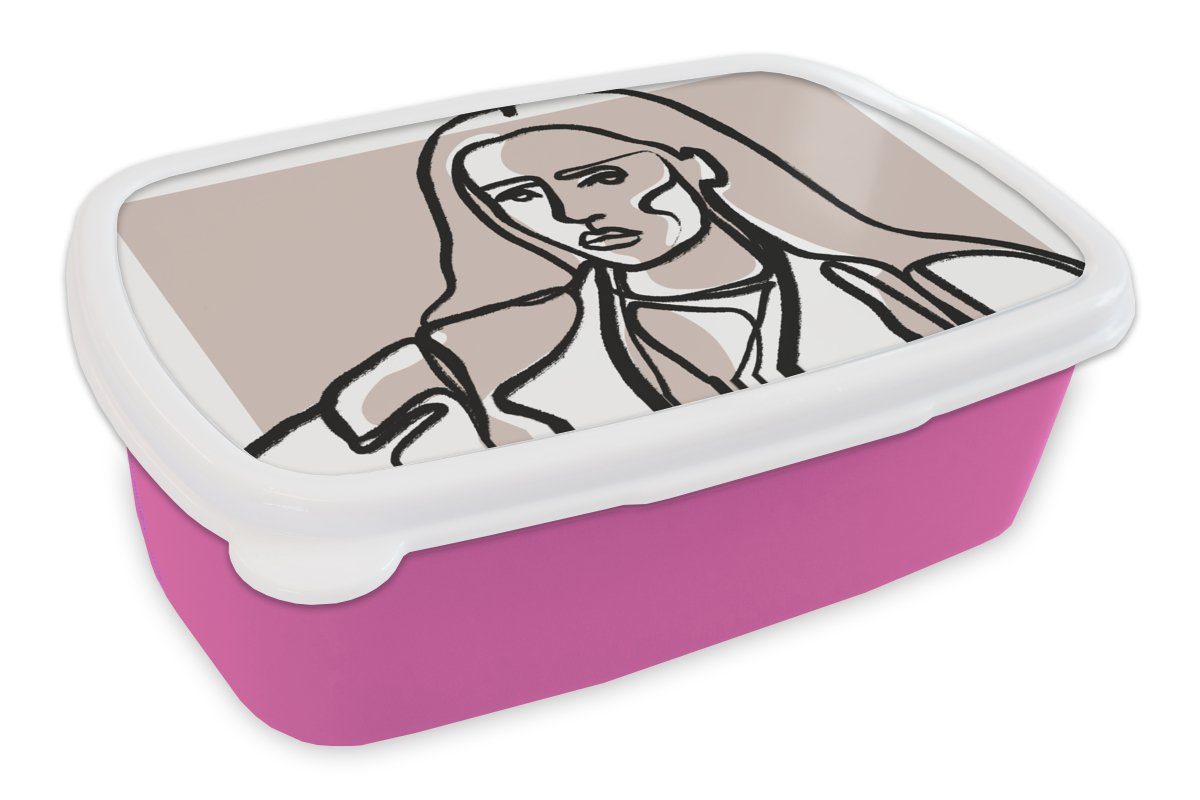 Brotbox Frau Kunststoff, Lunchbox (2-tlg), Brotdose MuchoWow Strichzeichnung rosa für - Erwachsene, Pastell, Kinder, Kunststoff - - Snackbox, Porträt Mädchen,