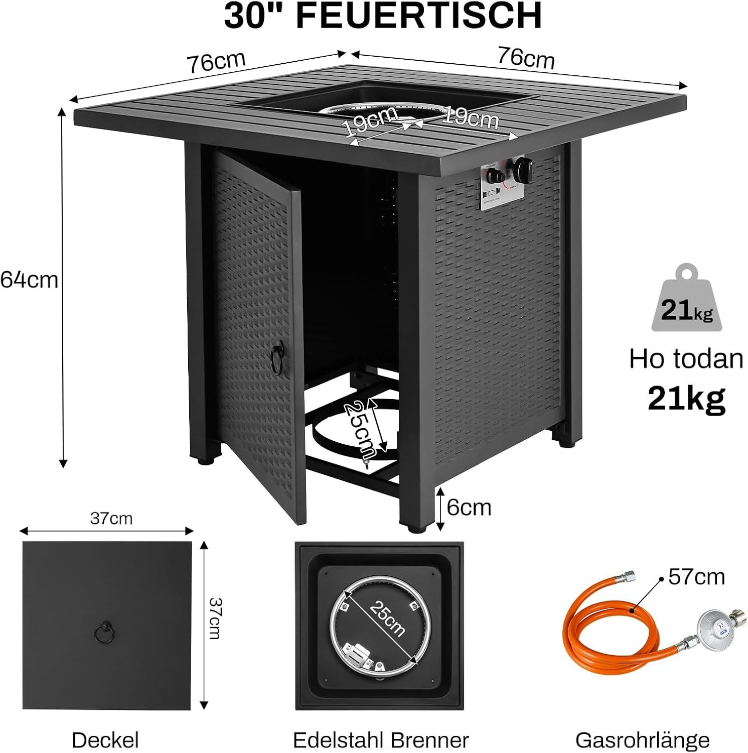 TLGREEN Feuerstelle Gas Feuertisch 28 Zoll / 30 Zoll Outdoor Gas Feuerstelle, (Terrasse Garten Heiztisch 14,5 kW Flüssiggas Gaskamin, mit Lavasteinen & Schutzhülle Witterungsbeständig)