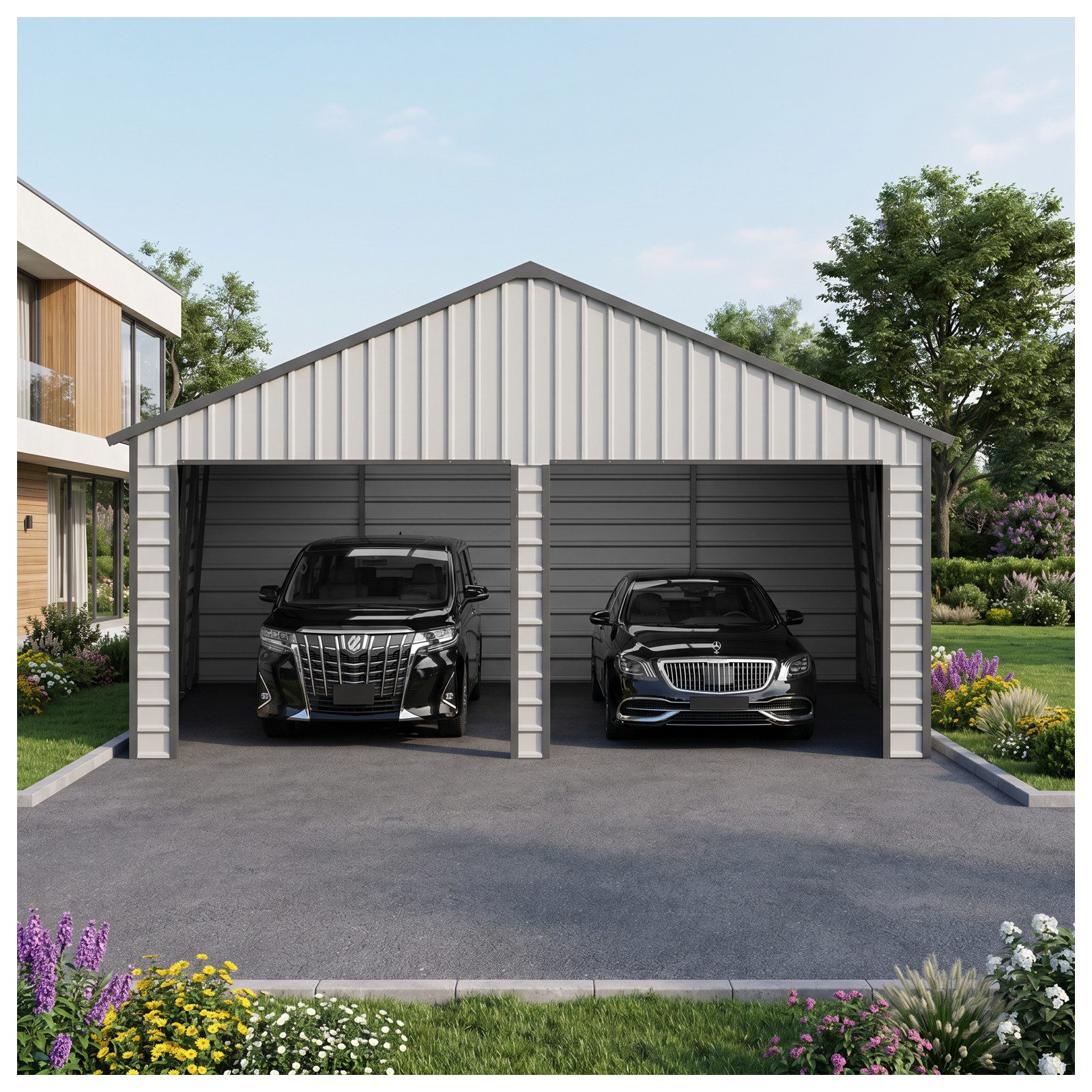 HTI-Living Garage Stahlgarage mit zwei offenen Stellplätzen Grau (1 Stück, 1 Garage für 2 PKW, ohne Tore), Doppelgarage mit Satteldach, vielseitig nutzbar