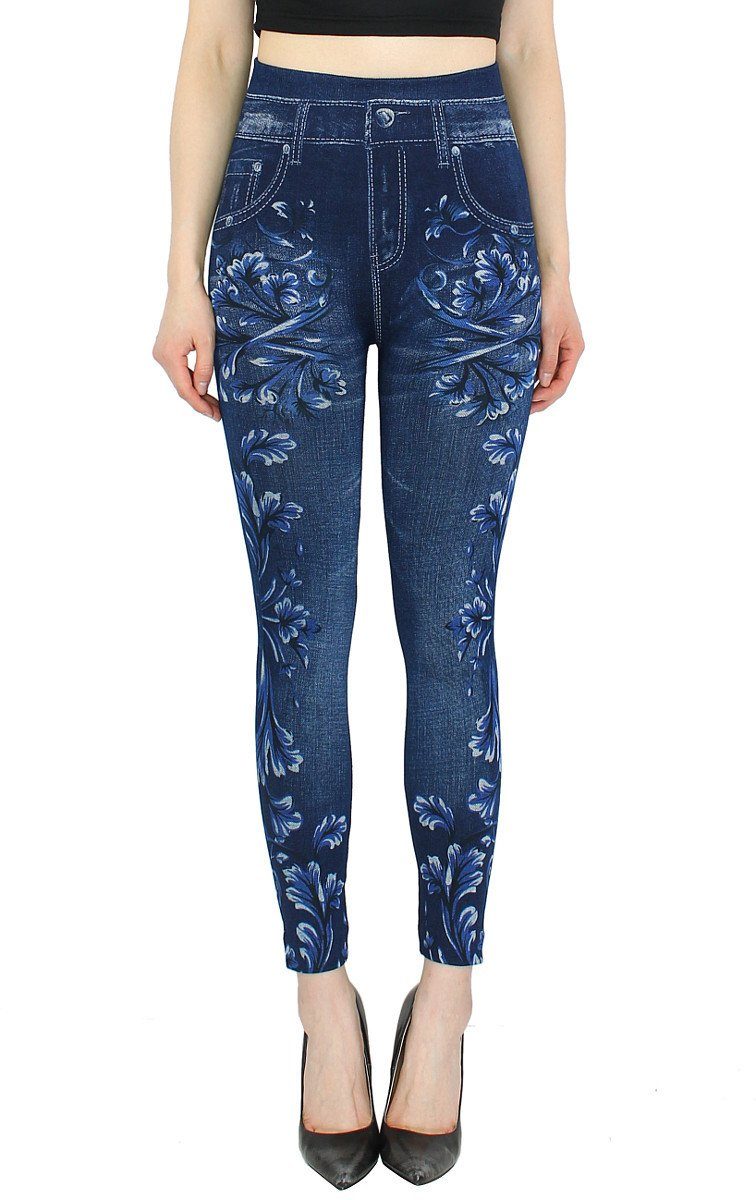 Leggings Geblümt, mit dy_mode WL157-BlueRoyal Jeans-Optik Jeggings Thermoleggings Thermoleggings Damen Bund, elastischem Thermo Gefüttert mit Innenfutter