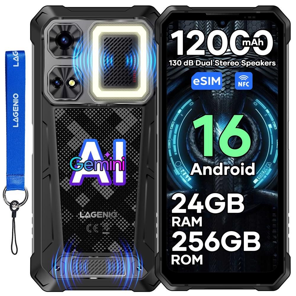 LAGENIO Rhino 1 Pro Black 6,9" Outdoor Handy 12.000mAh lange Akkulaufzeit 64MP Smartphone (64 MP Kamera, IP69K Staub-&Wasserdicht 120Hz 12000mAh OTG Camping Licht eSIM 8GB RAM)