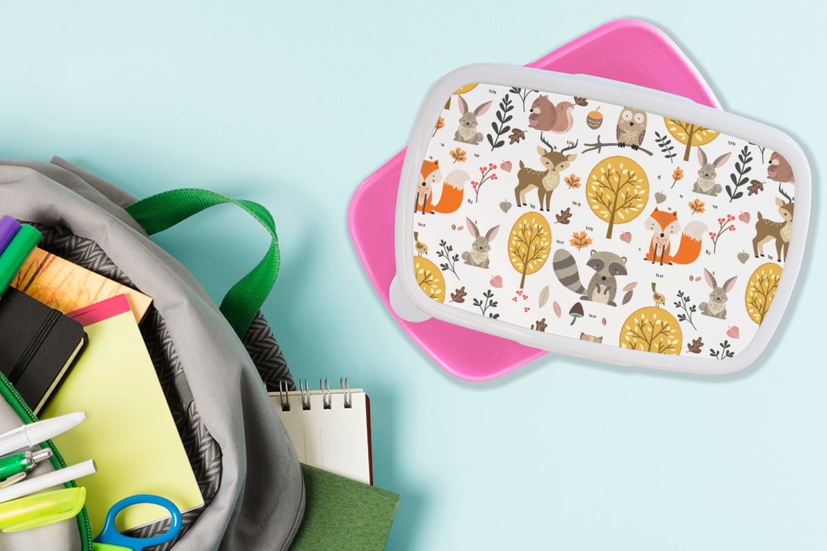 für Kunststoff Kunststoff, Lunchbox Mädchen, Snackbox, Kinder, Design Wald, Brotbox (2-tlg), - - Tiere Brotdose rosa MuchoWow Erwachsene,