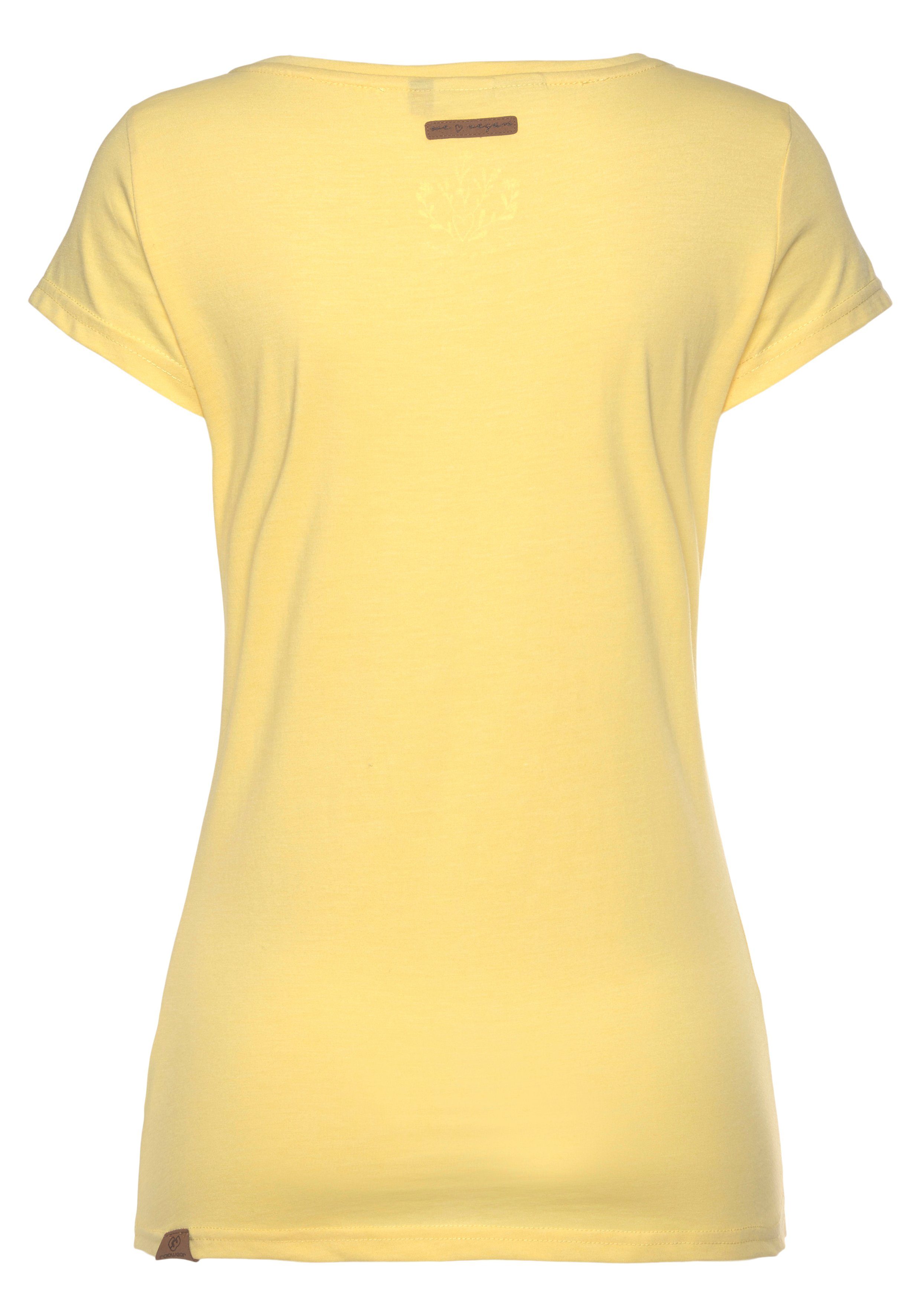 in MINT Ragwear 6028 T-Shirt Logoschriftzug O Holzoptik mit natürlicher yellow und Zierknopf-Applikation