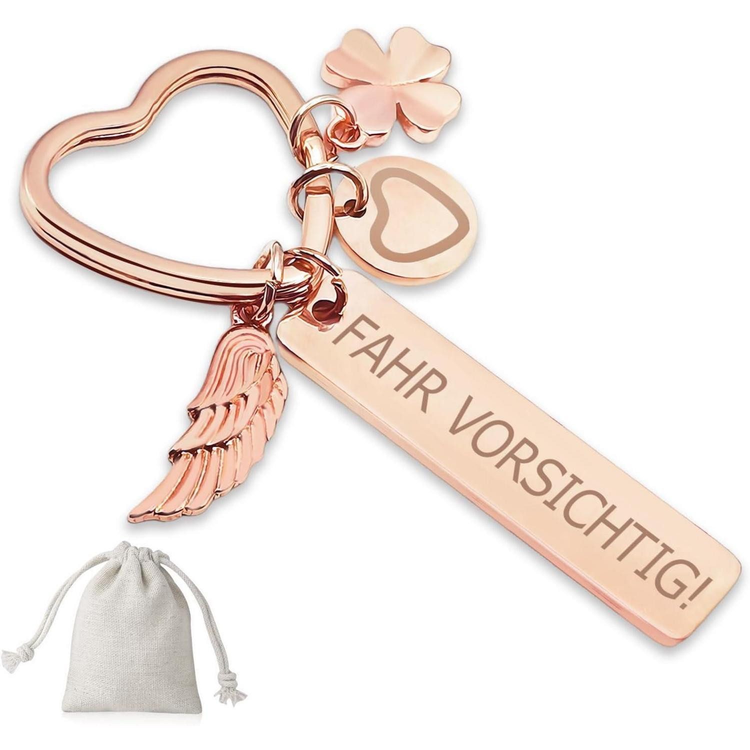 Schlüsselanhänger Schlüsselanhänger Herz Gravur Rosé-fahr Vorischtig!
