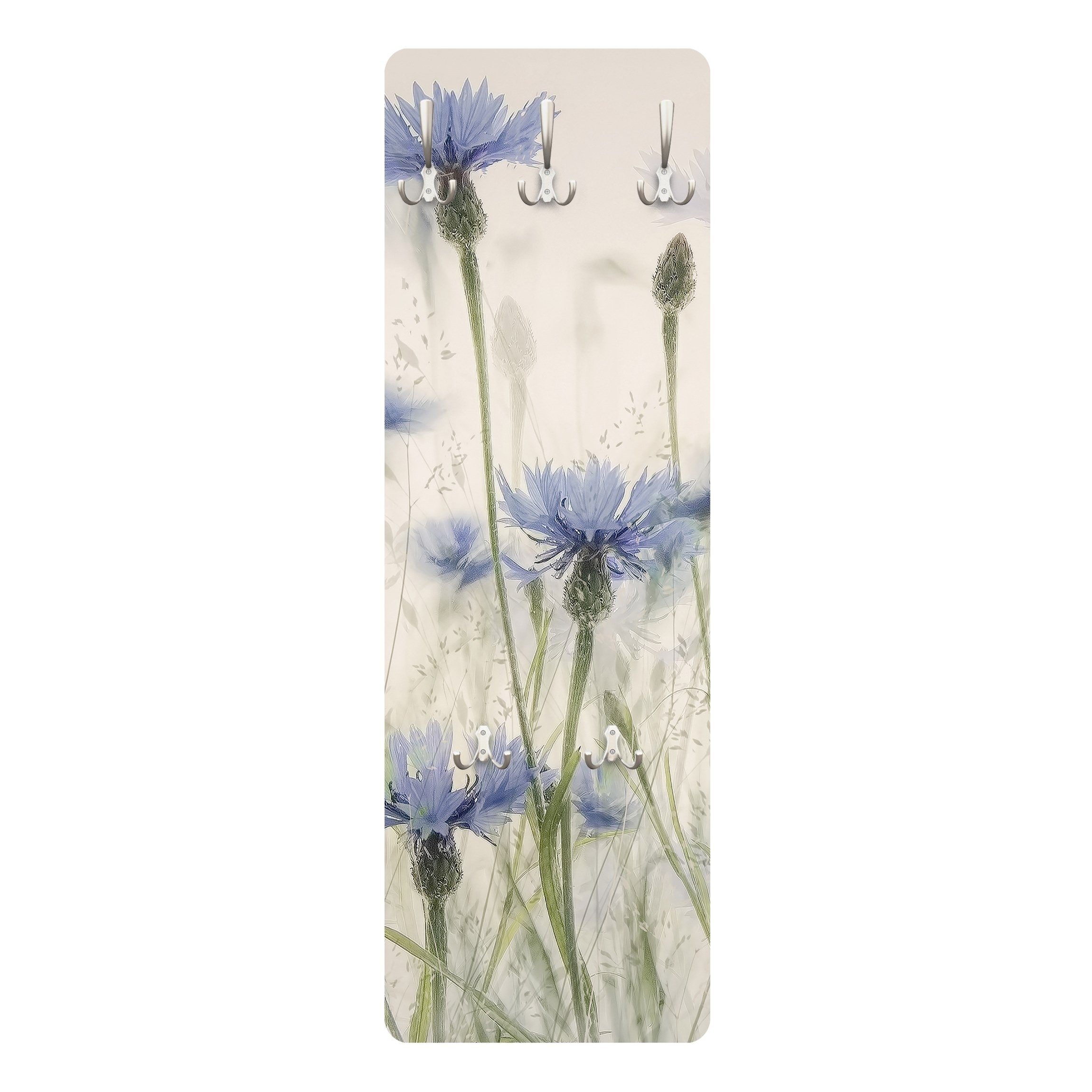 Bilderdepot24 Garderobenpaneel violett Botanik Tropisch Floral Landhaus Kornblumen und Gräser im Feld (ausgefallenes Flur Wandpaneel mit Garderobenhaken Kleiderhaken hängend), moderne Wandgarderobe - Flurgarderobe im schmalen Hakenpaneel Design