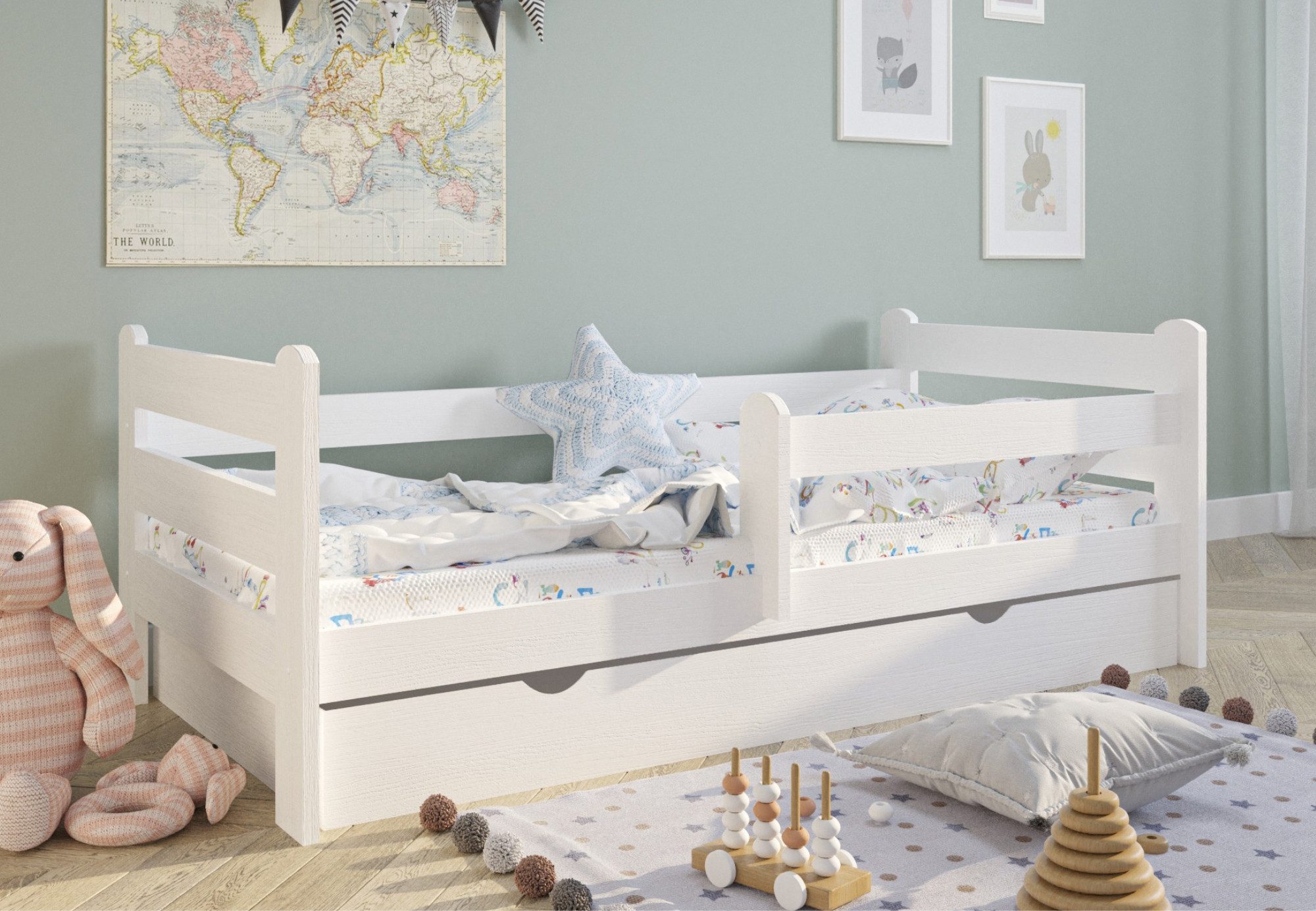 Kinderbett weiß 80x160 90x200 Jugendbett mit Schublade Rausfallschutz