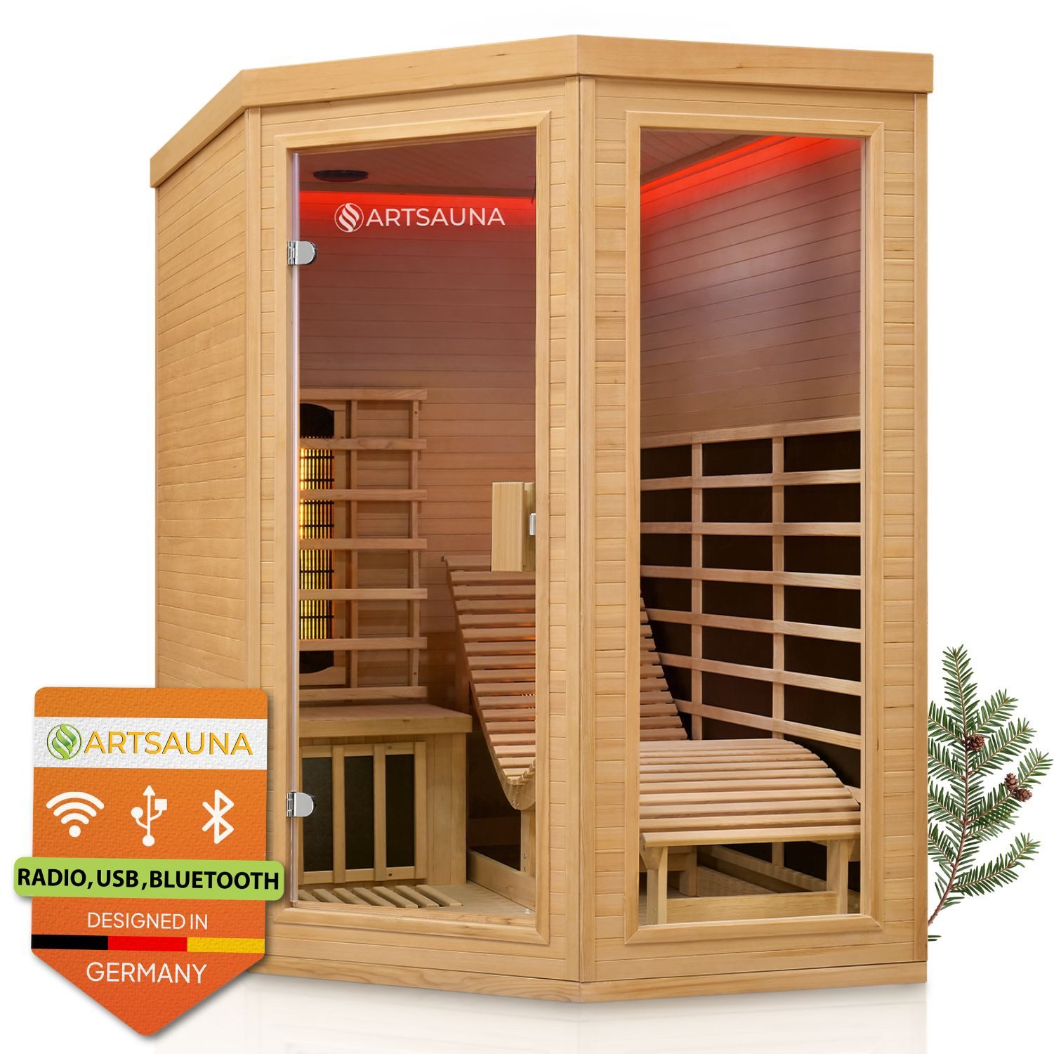 Artsauna Infrarotkabine Esbjerg Triplex-Heizsystem, für 2 Personen, Hemlock-Holz, Ionisator, HiFi-System, LED-Farblicht