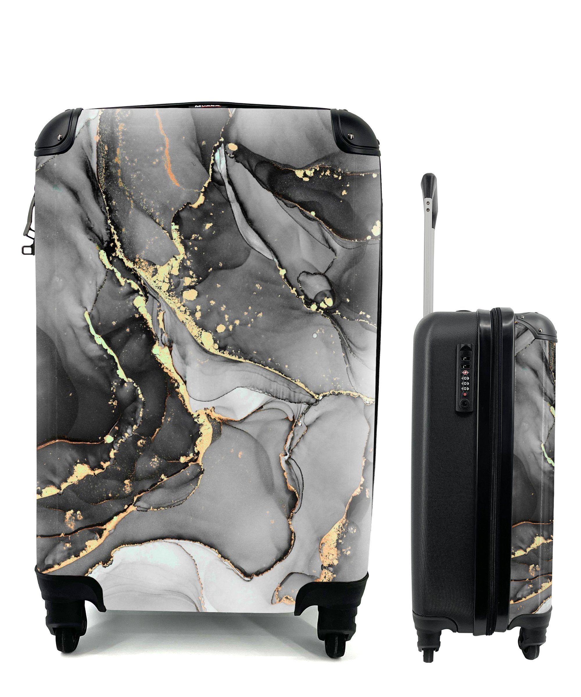 MuchoWow Handgepäckkoffer Marmor - Schwarz - Gold - Grau, 4 Rollen, Reisetasche mit rollen, Handgepäck für Ferien, Trolley, Reisekoffer