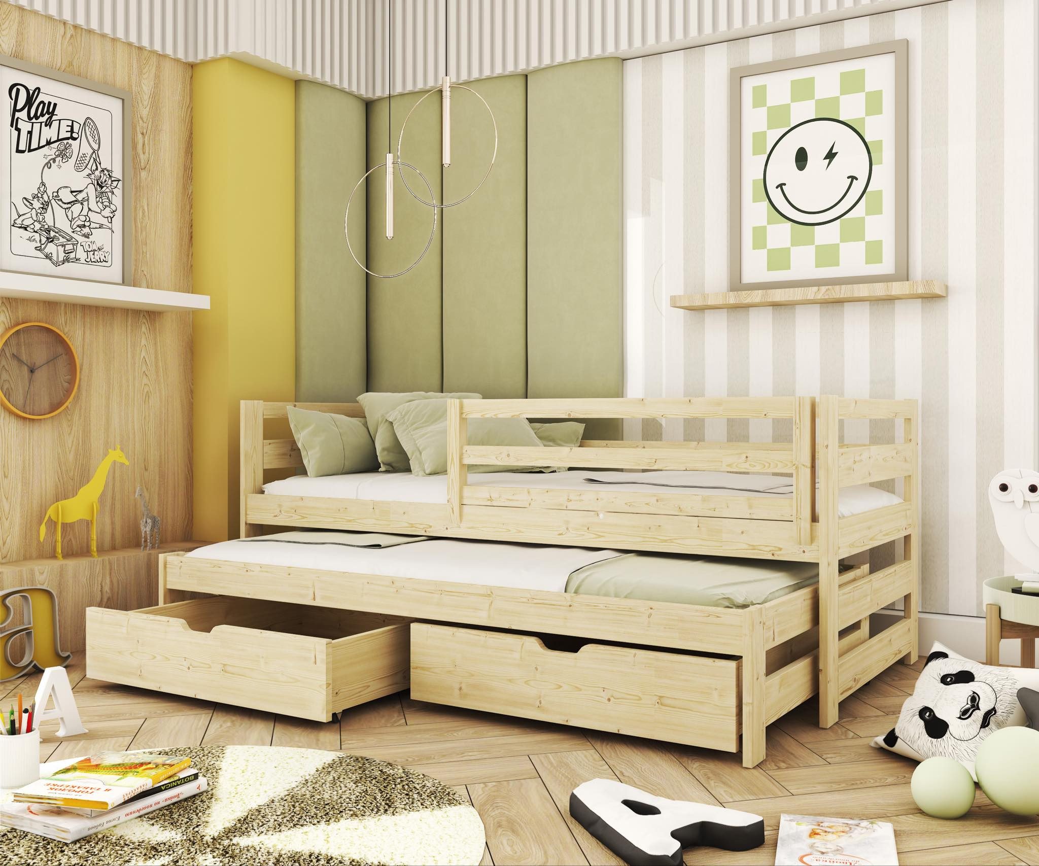 thematys Kinderbett mit Ausziehbett, in Weiß oder Natur mit Rausfallschutz günstig online kaufen