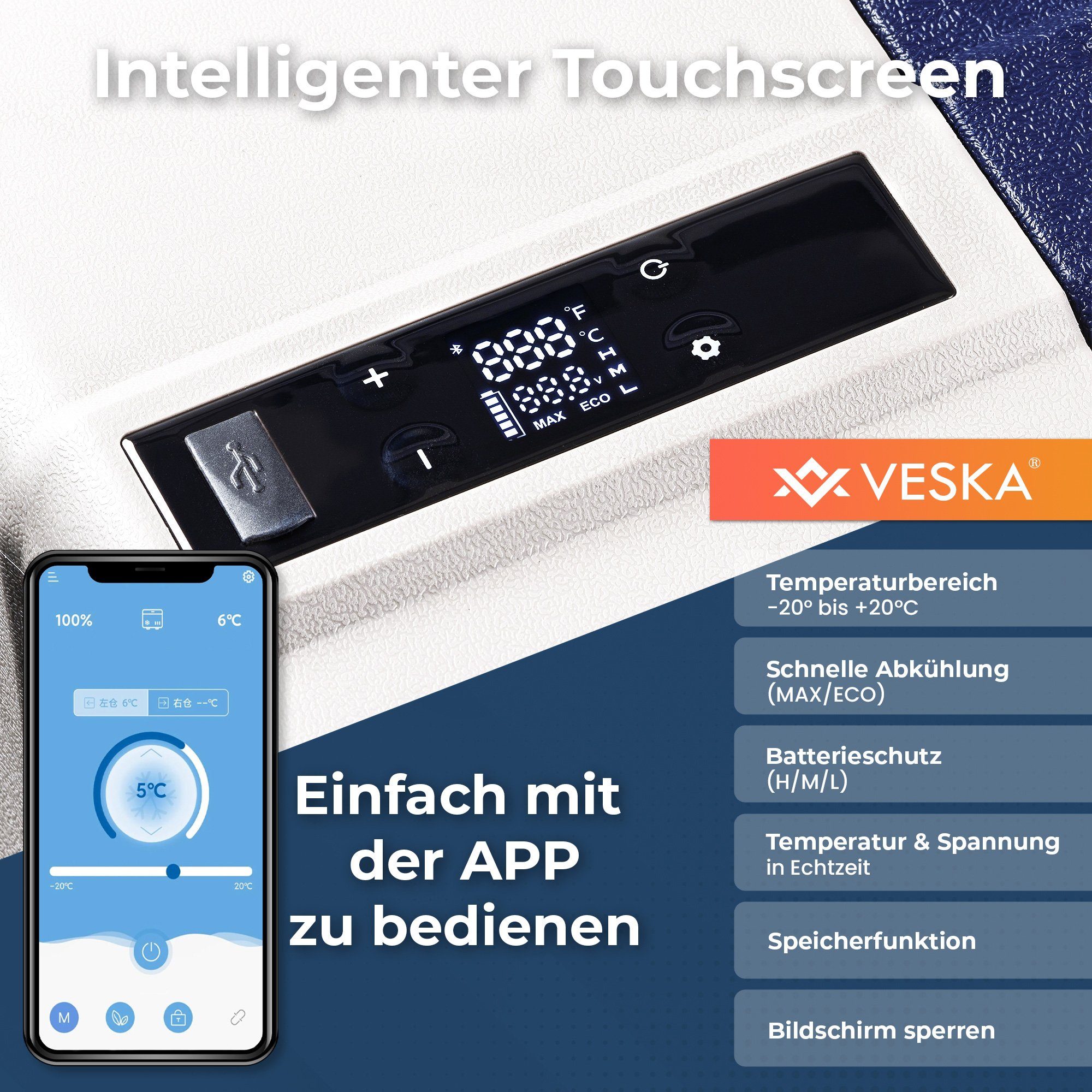 VESKA Elektrische Kühlbox Kompressor Gefriertruhe mobiler Kühlschrank, Kühltruhe, Gefrierbox, 12V/24V, 230V, für Auto, Lkw, Boot, Wohnwagen, Camping