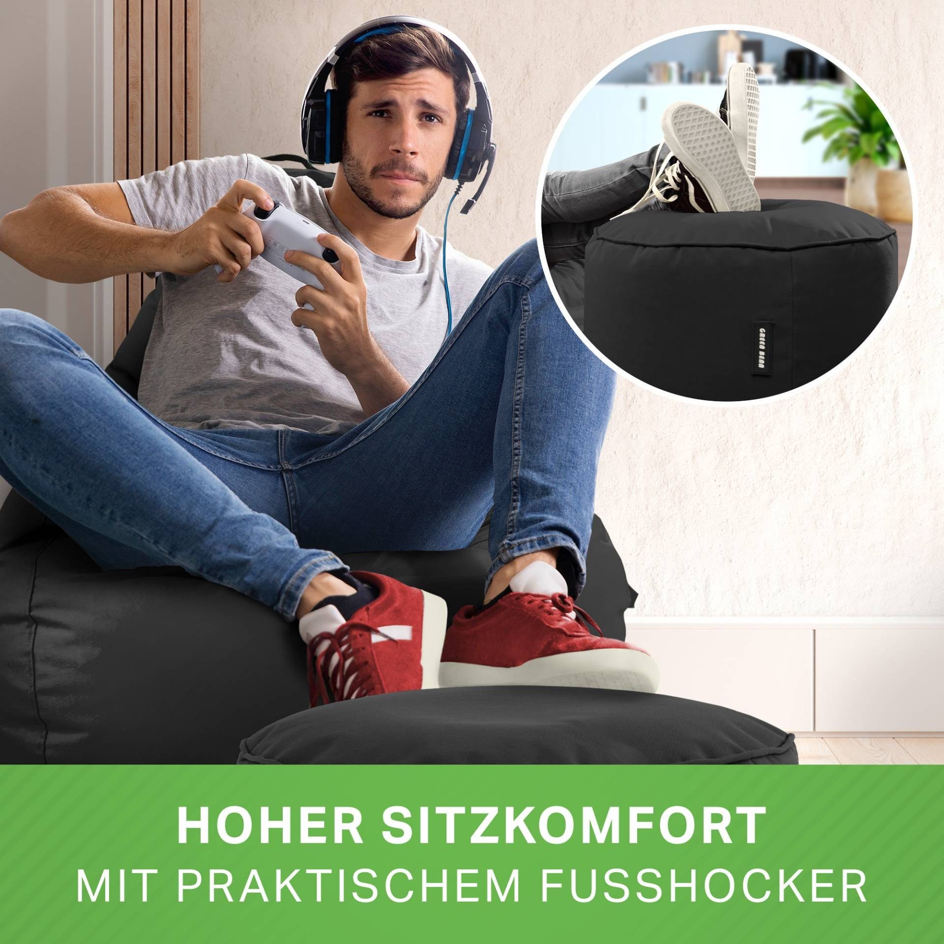 Sitzhocker, Sitzkissen, Green Relax-Sessel + Schwarz Chair Stay, Cozy mit Set Gaming Bean Sitzsack